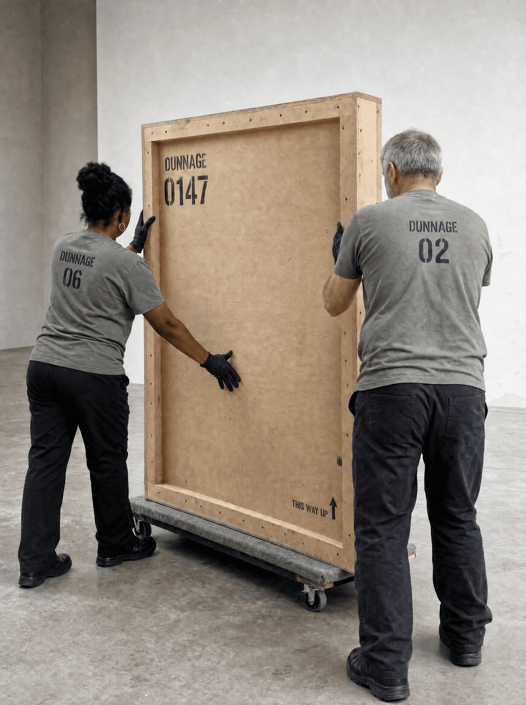 Two Dunnage handlers in grey-green crew shirts moving a stencilled crate onto a dolly