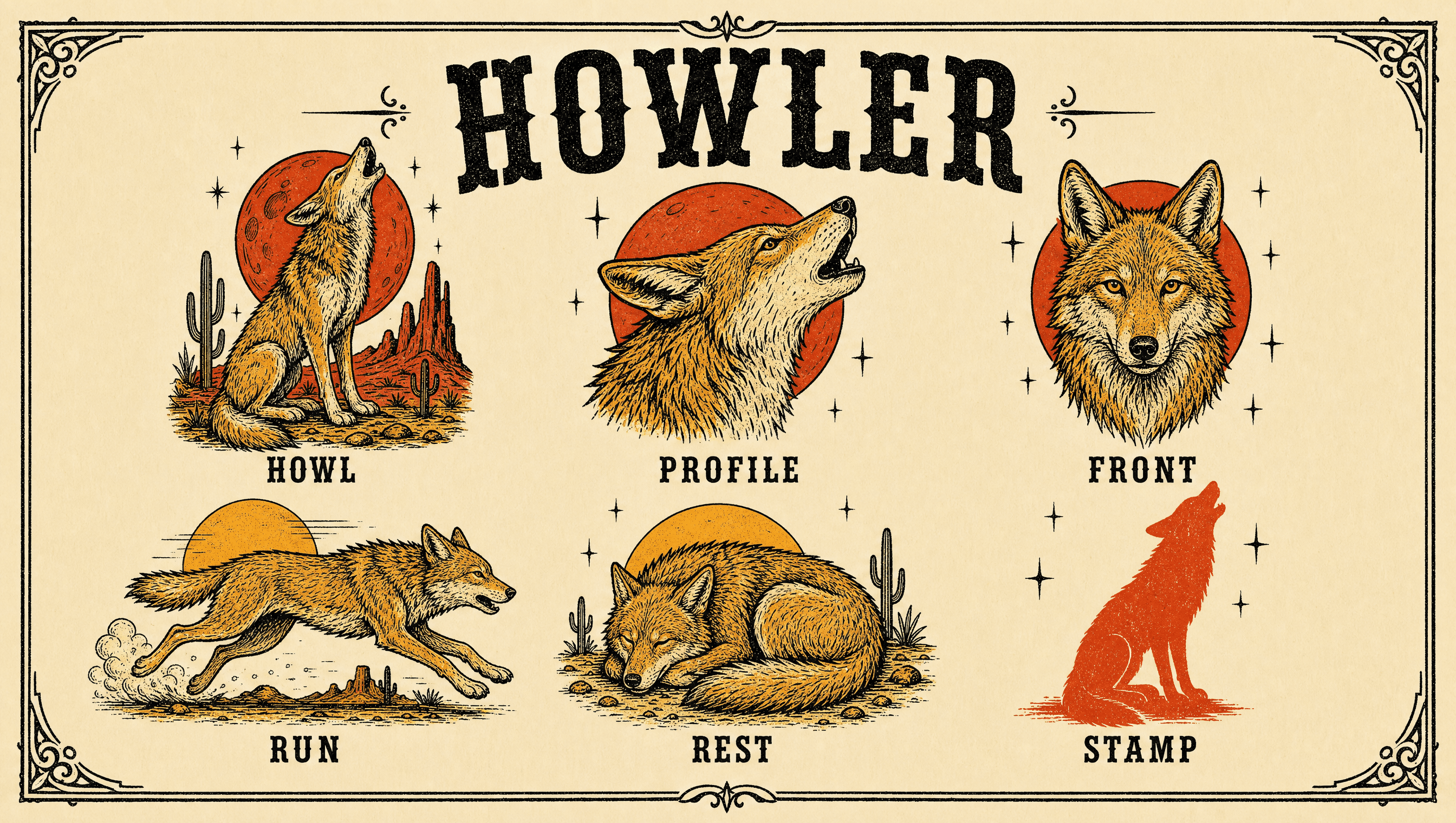 Howler coyote character model sheet