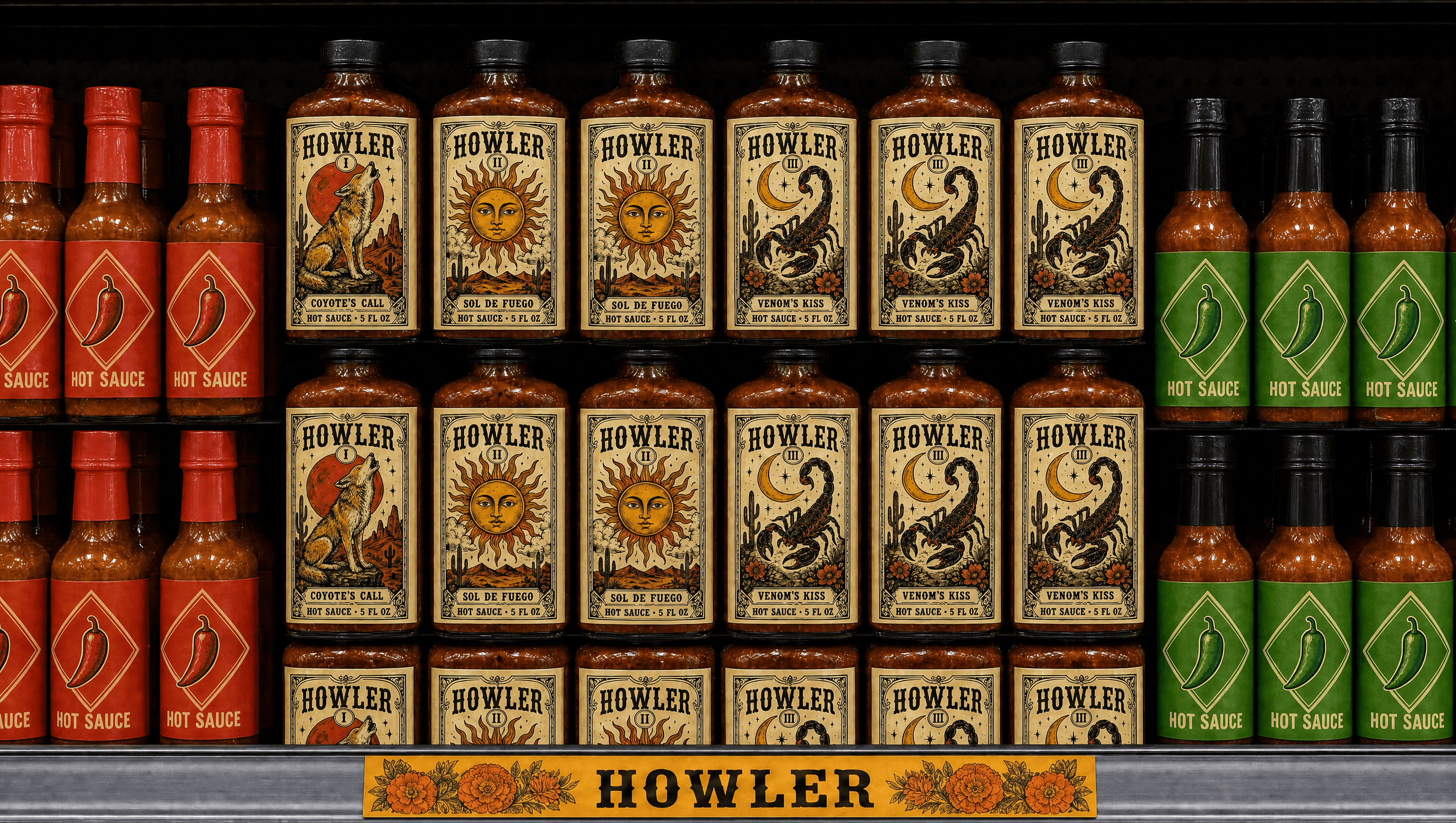 Howler bottles blocked on a grocery shelf beside competitor hot sauces