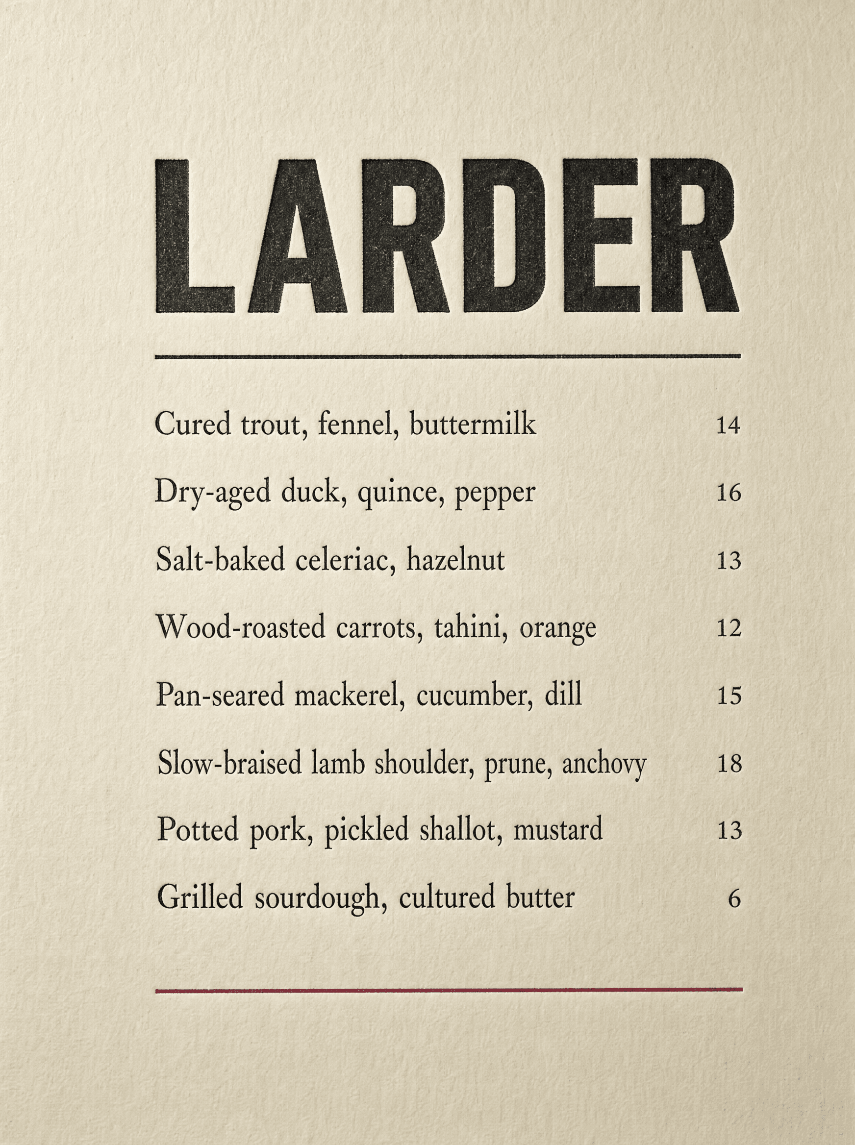 Larder menu, letterpress printed