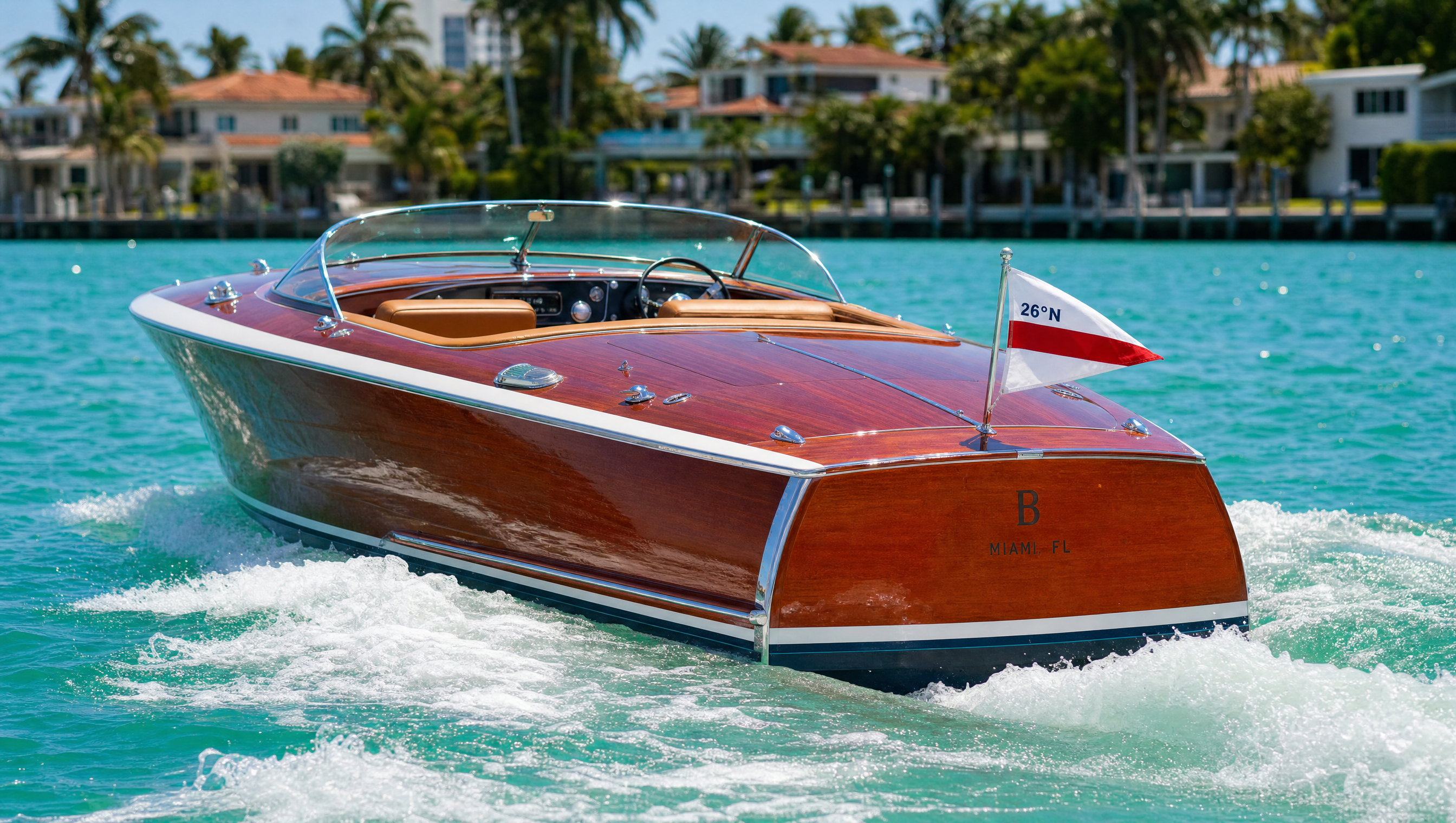 A 26 North mahogany runabout underway on Biscayne Bay with the club burgee flying