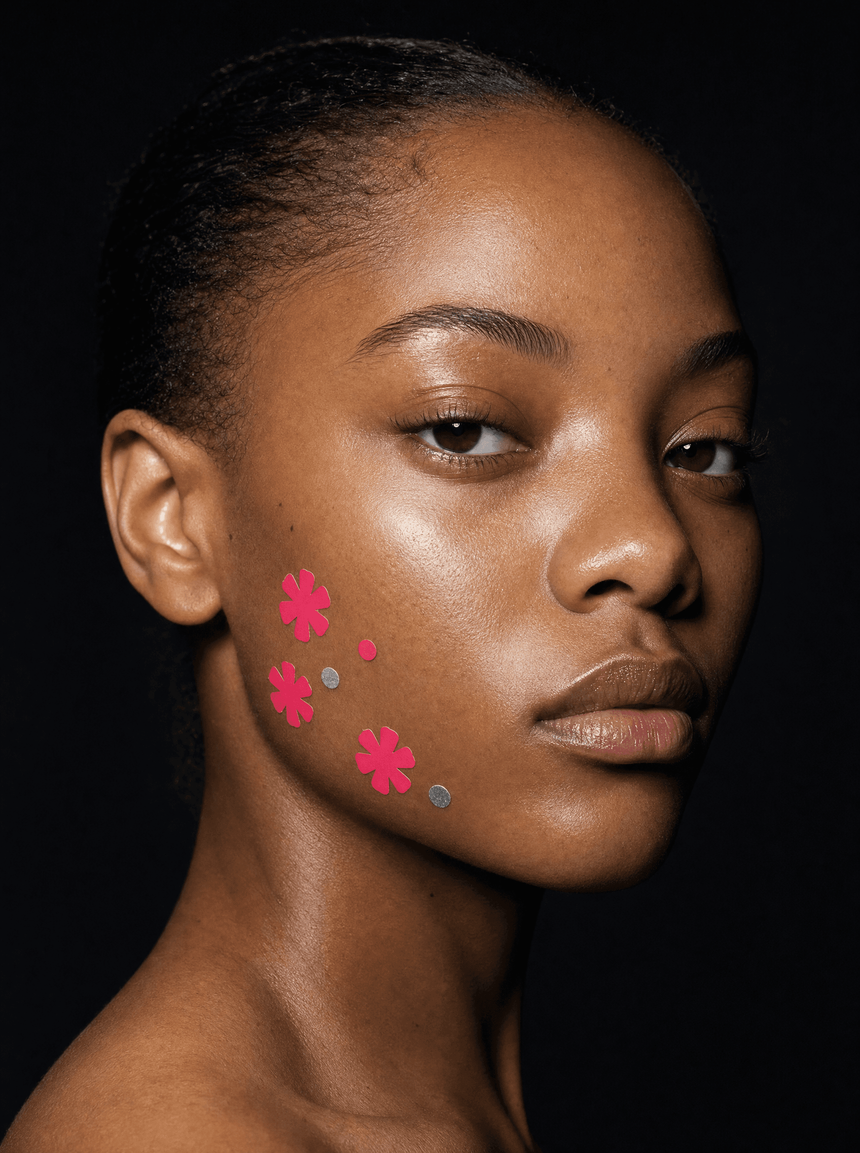 Model wearing Notice patches openly as decoration, direct gaze