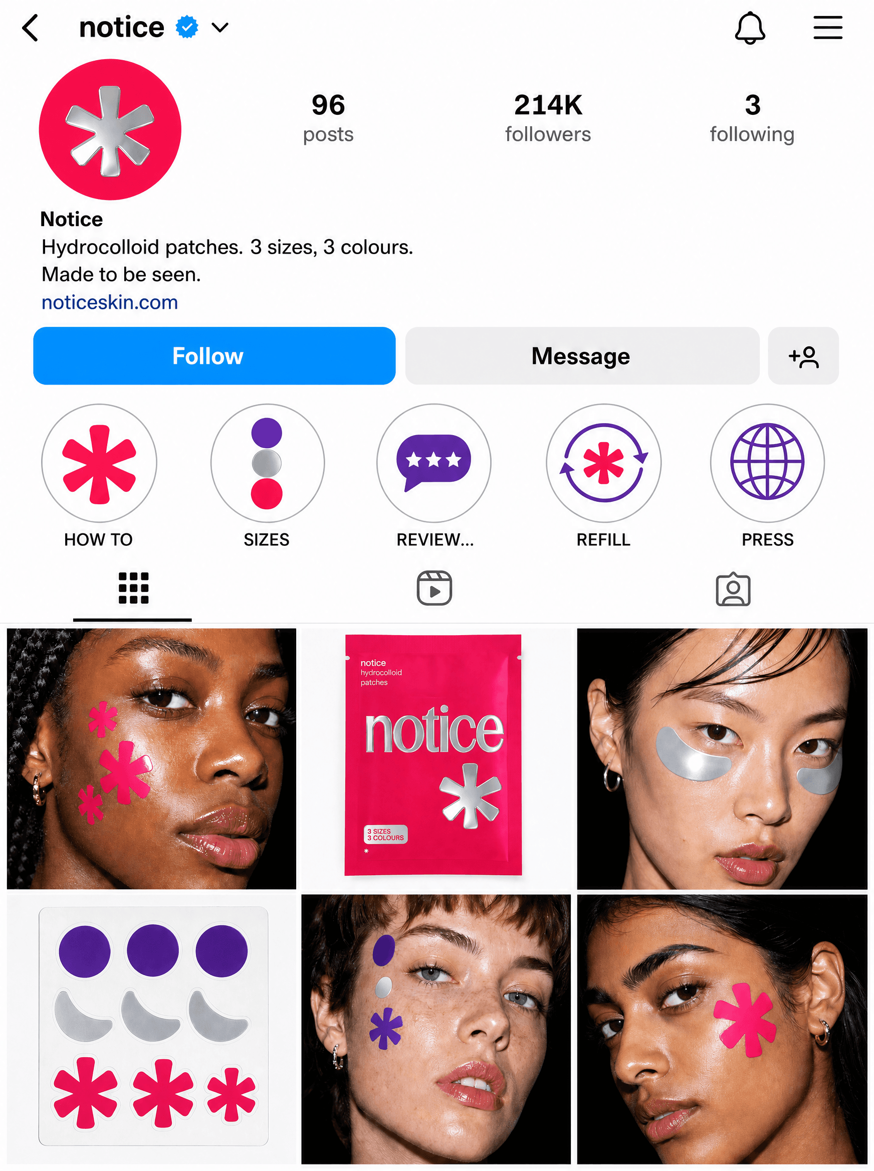 Notice social profile showing bio, highlights and first six posts