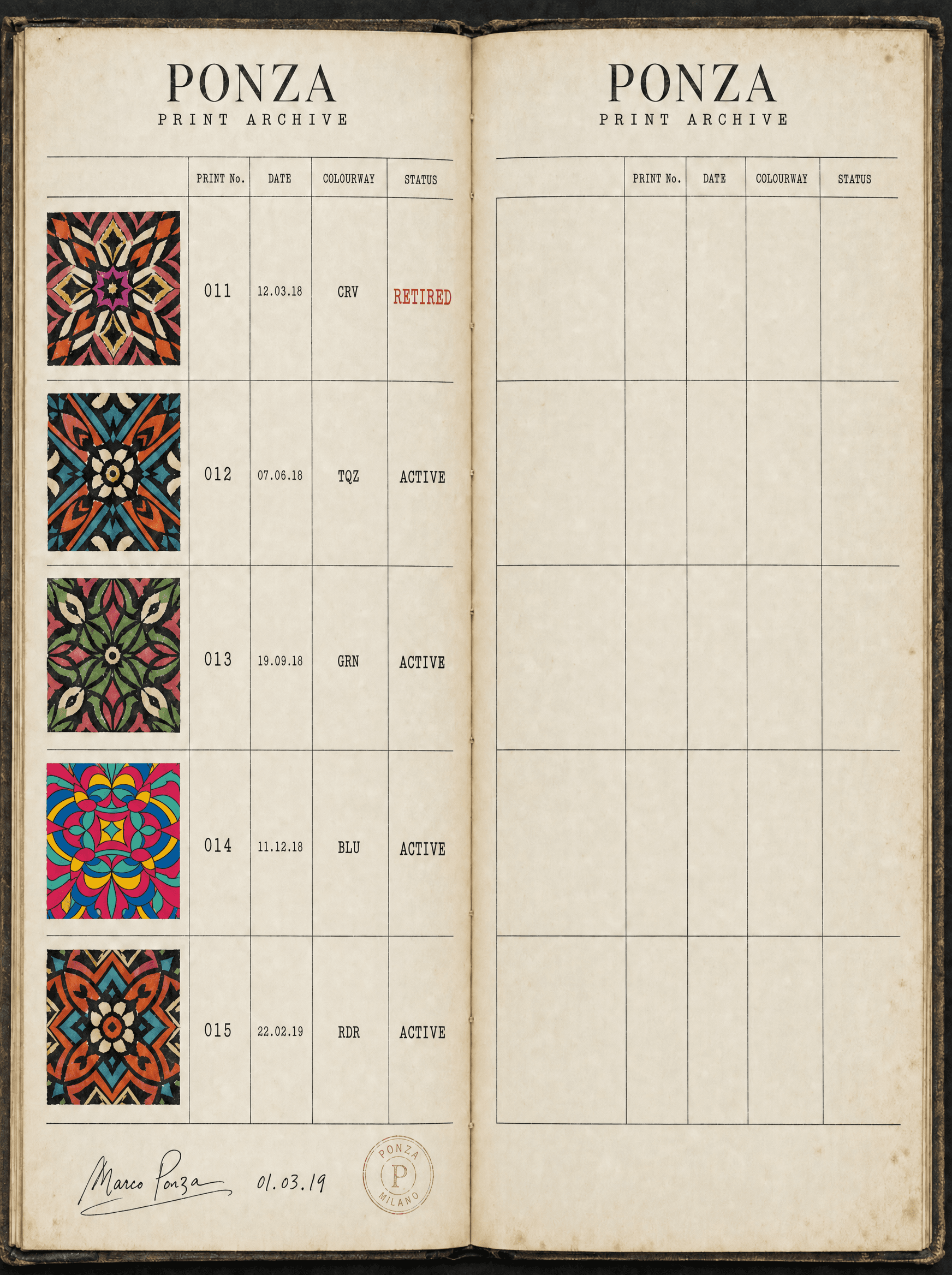 Ponza archive ledger spread showing numbered prints, dates and colourway codes
