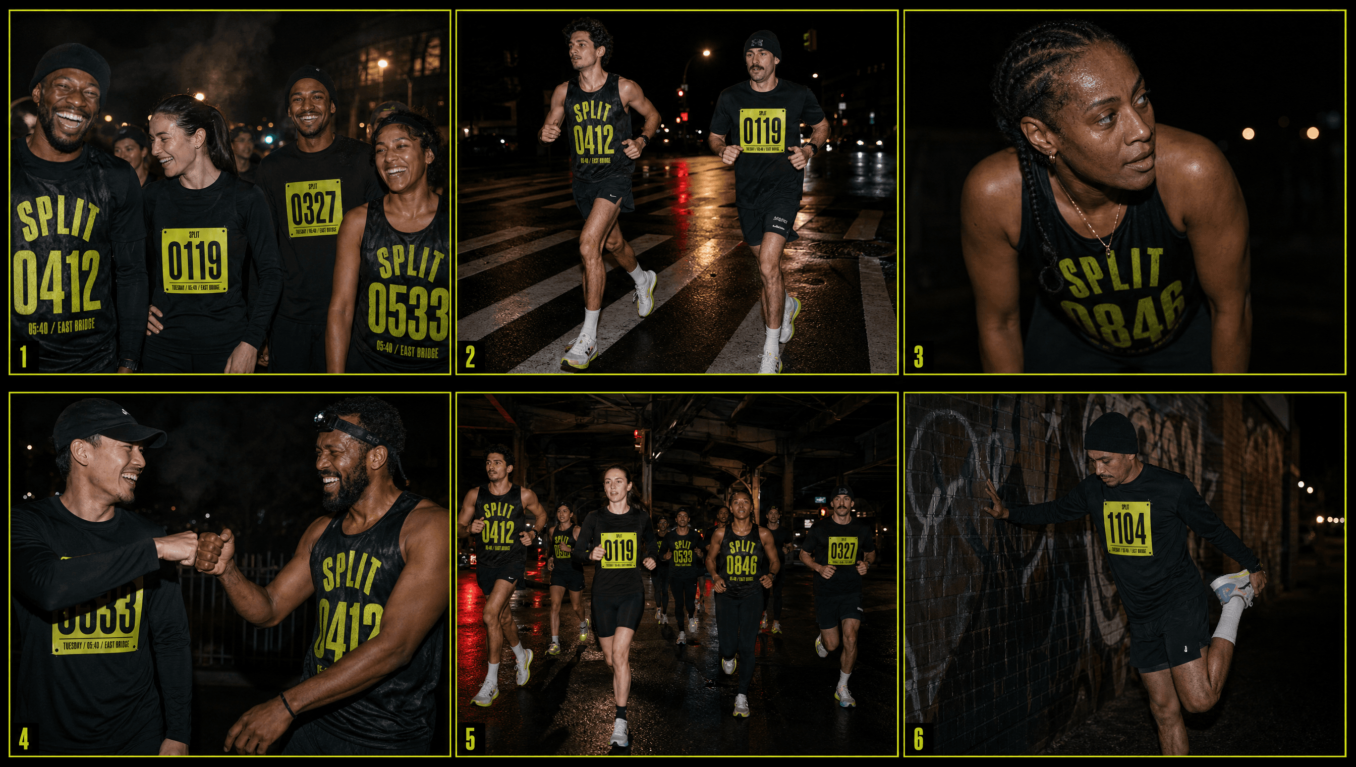 Split photography contact sheet, runners in pinned bibs and printed singlets on wet city streets at night