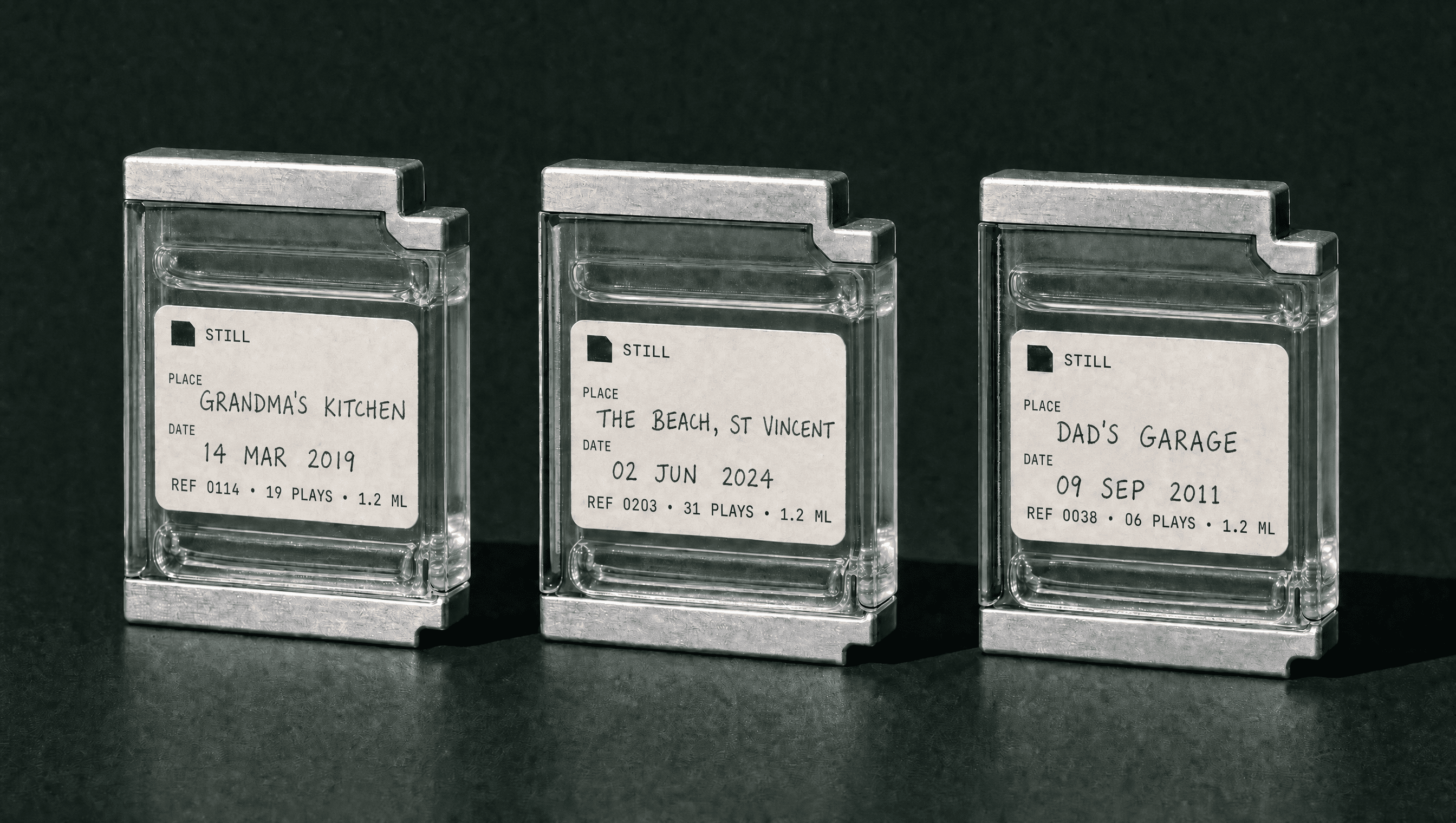 Three Still cartridges, each labelled with a place and a date