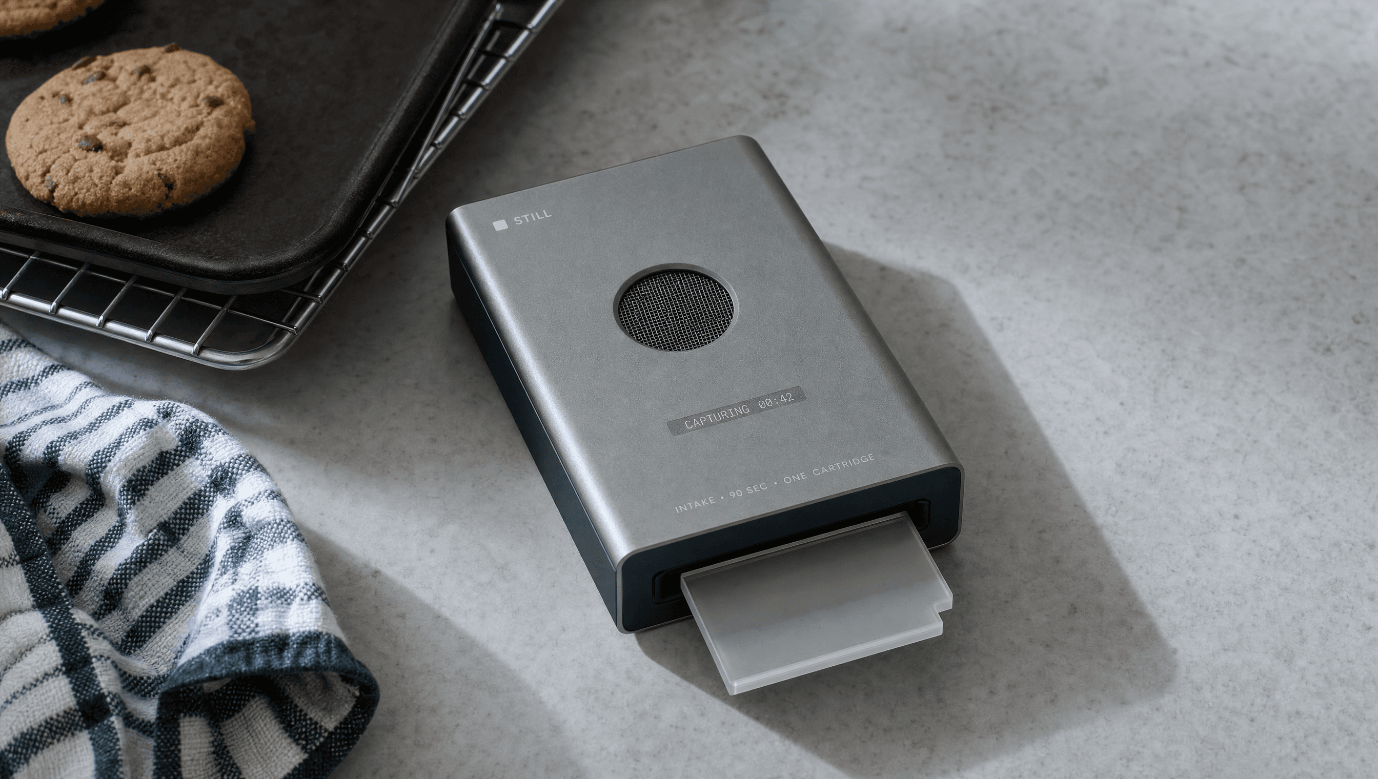 Still capture device on a kitchen worktop mid-capture