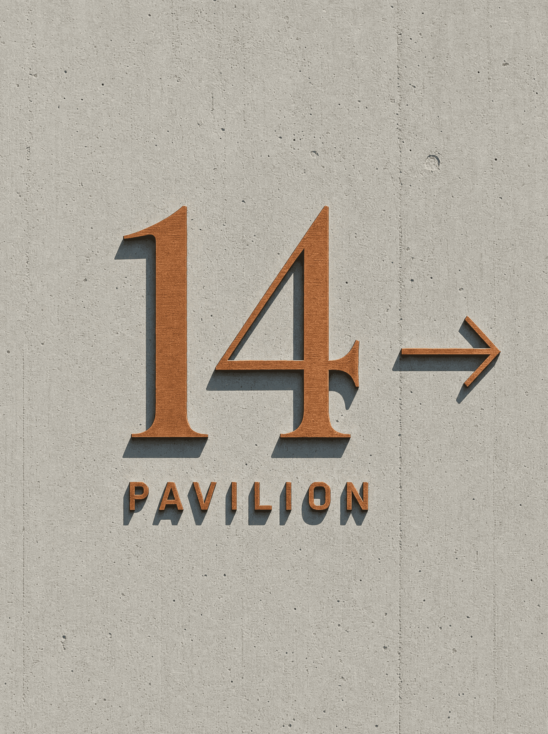 Copper numerals cut into a concrete wall marking Pavilion 14