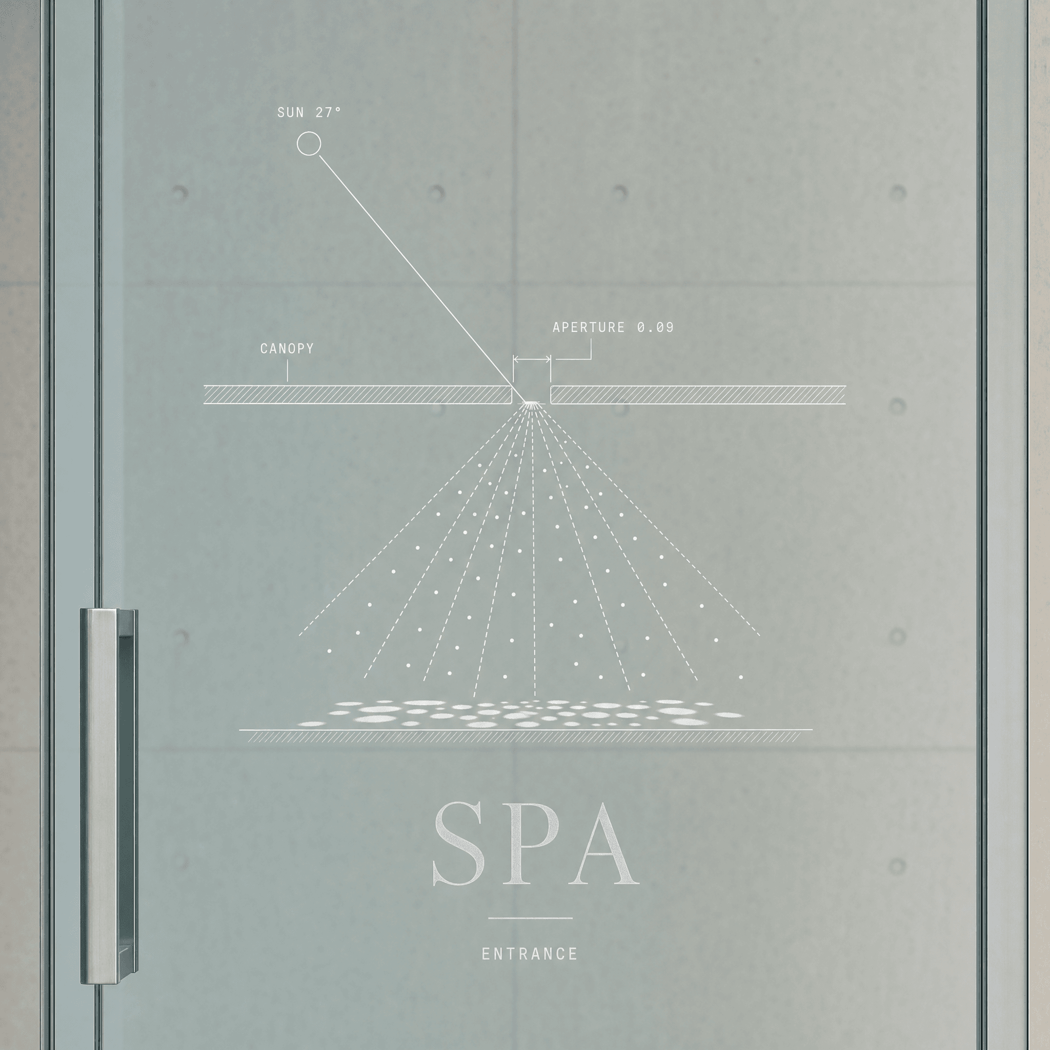 Etched glass panel showing a technical line diagram of sunlight broken up by the perforated canopy
