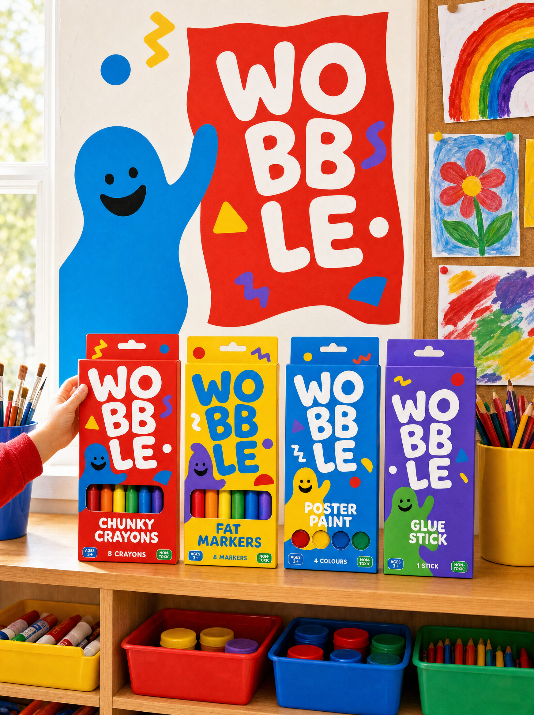 Wobble packs with age grade and count on a school art room shelf