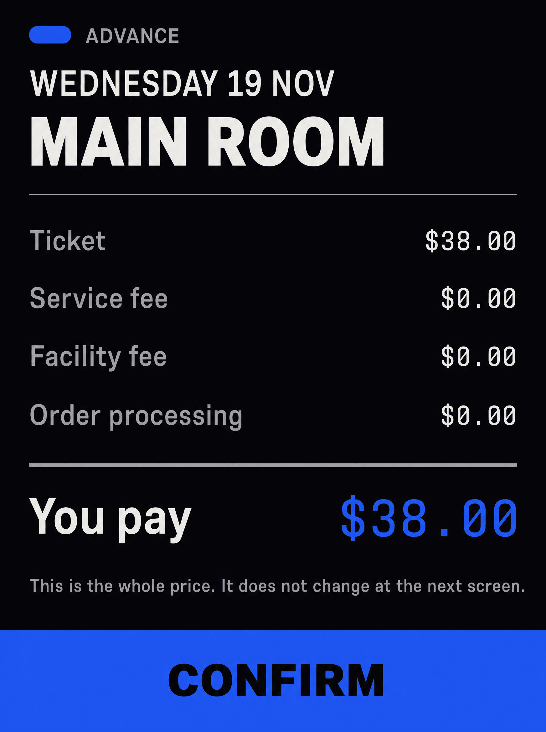Advance checkout screen showing zero fees