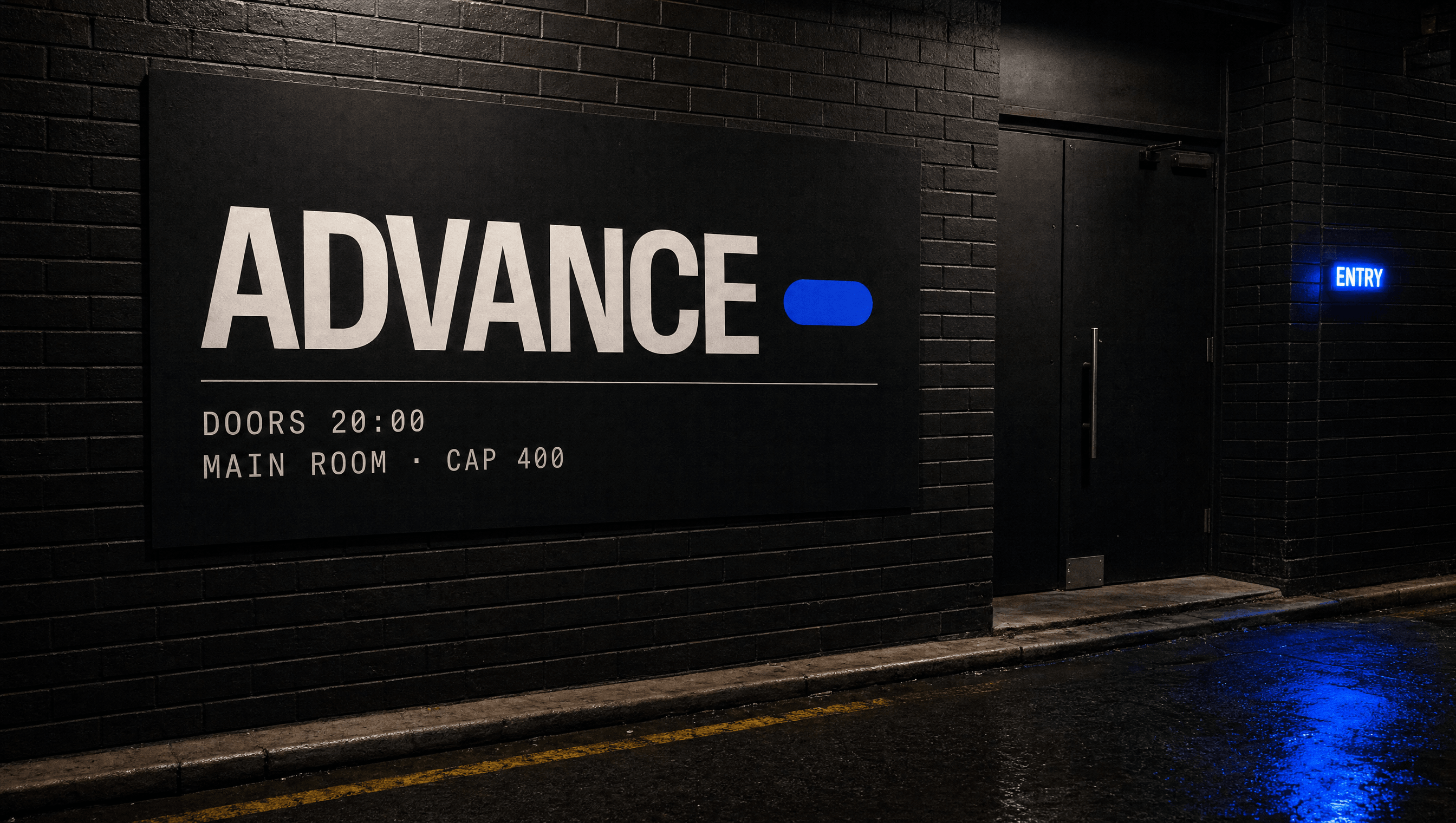 Advance venue entrance signage at night