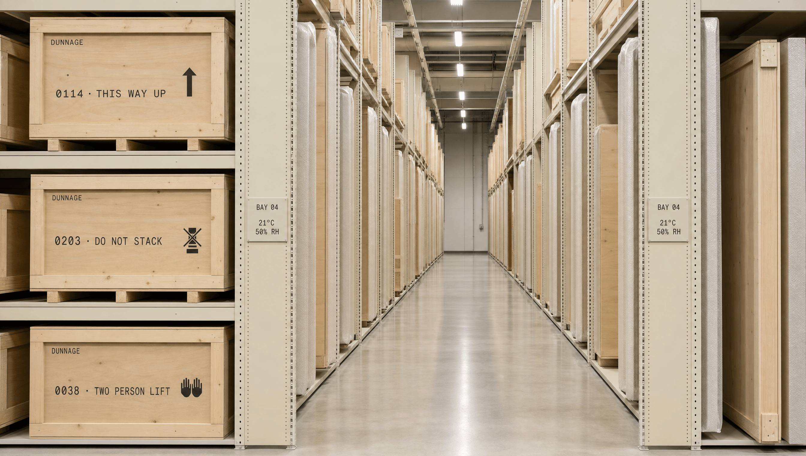 Climate-controlled storage bays with stencilled Dunnage crates