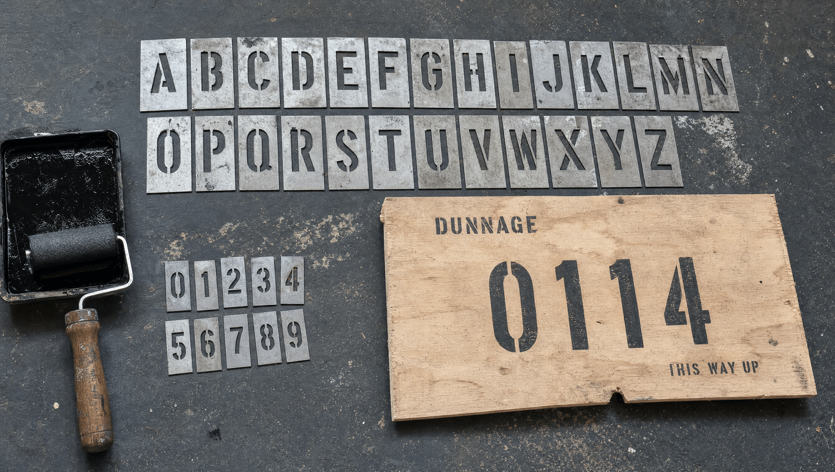 Dunnage zinc crate stencil plates, ink roller, and a stencilled plywood offcut