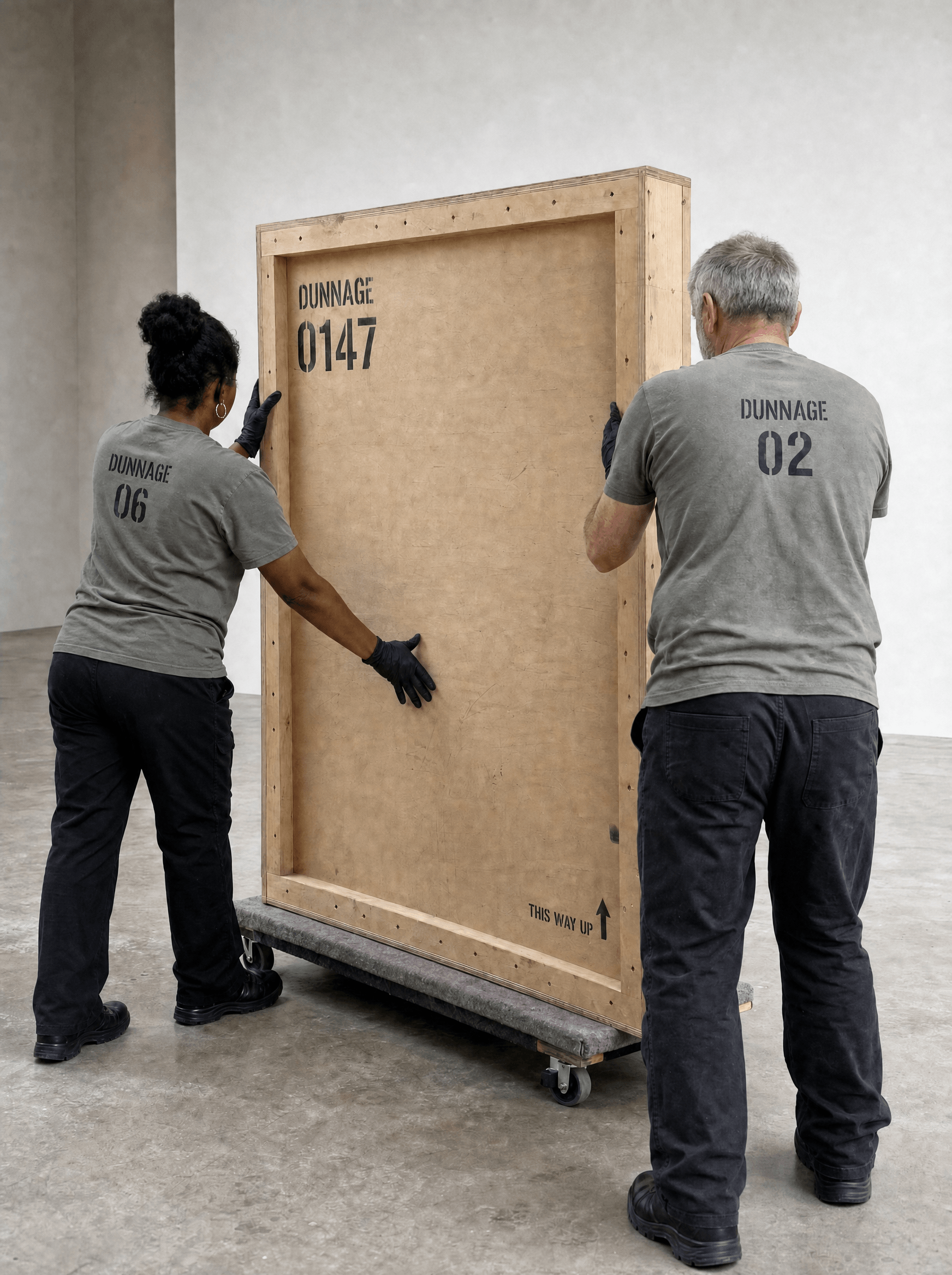 Two Dunnage handlers in grey-green crew shirts moving a stencilled crate onto a dolly