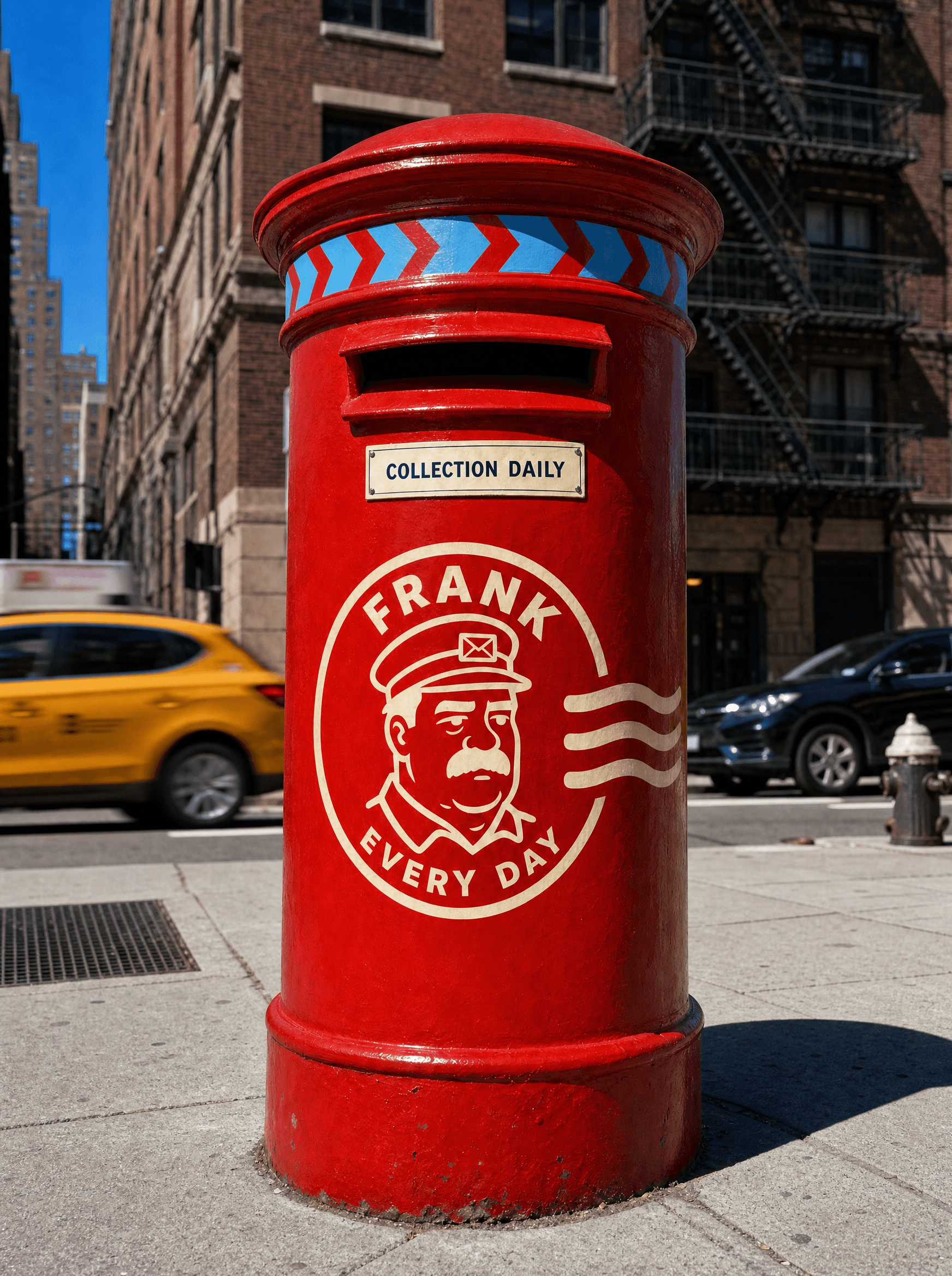 A pillar-box red FRANK collection box on a Manhattan sidewalk in hard sun, a yellow cab passing behind it