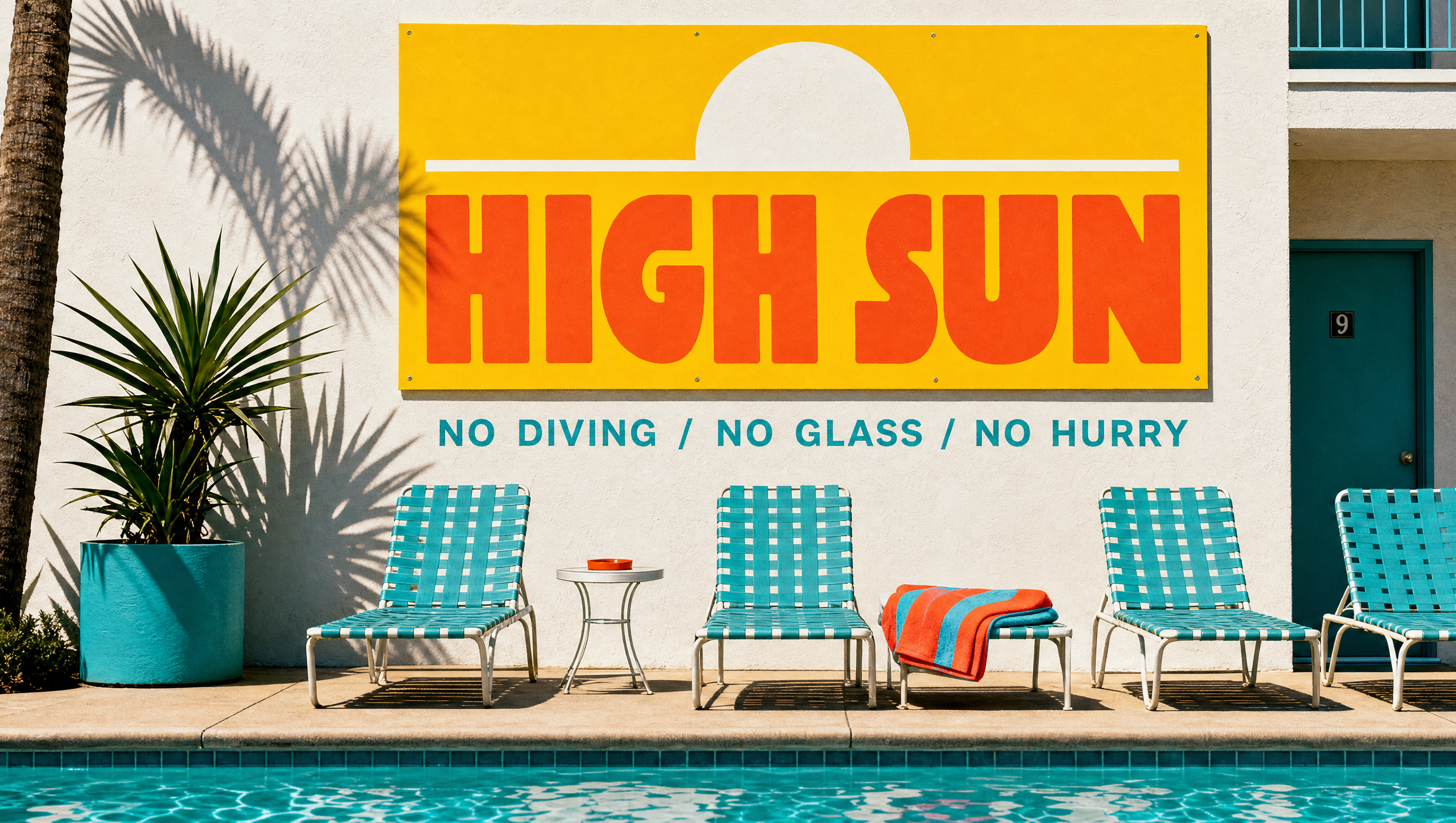 Hand-painted High Sun signage on a motel pool deck