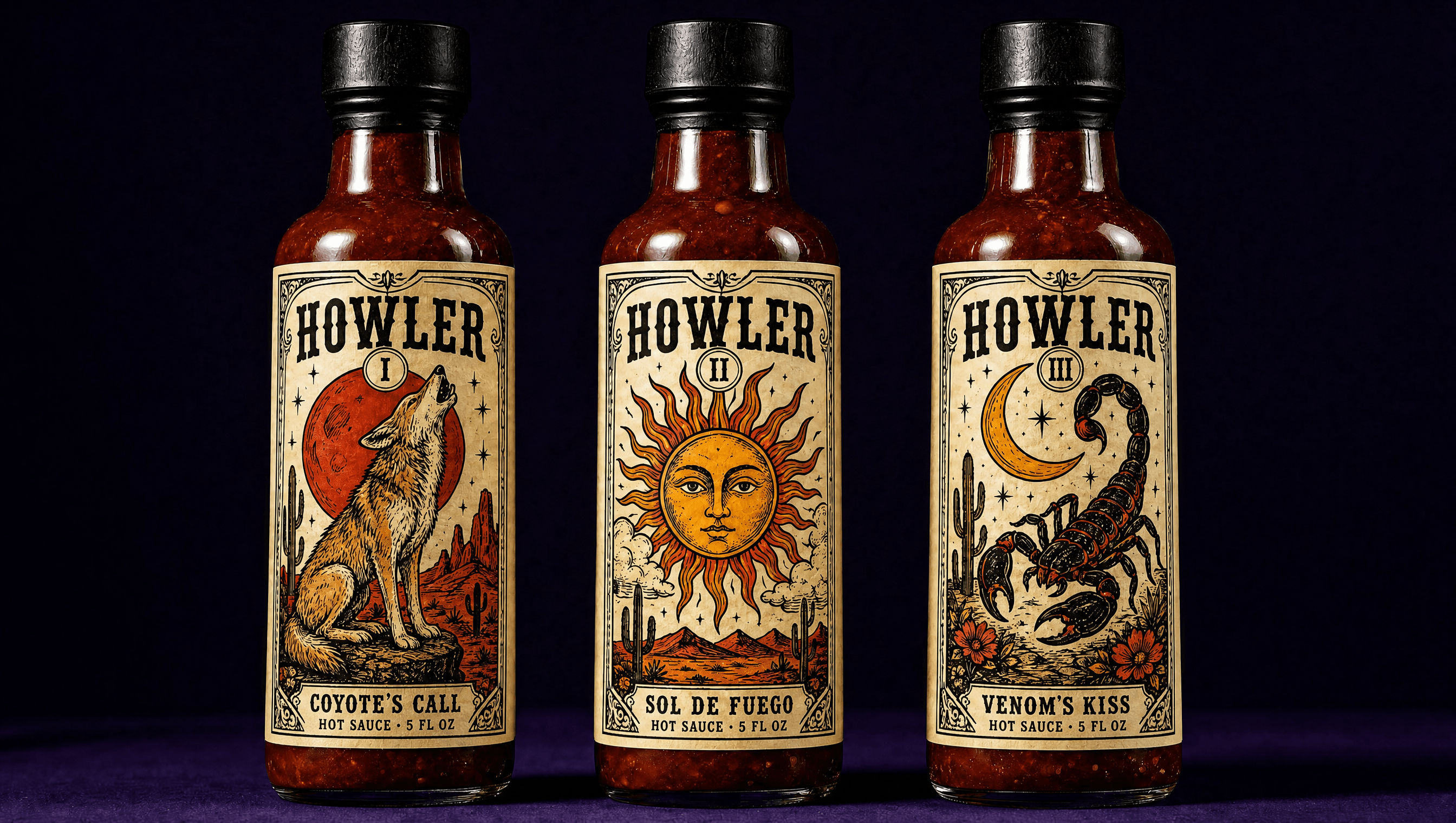 Three Howler hot sauce bottles with tarot-card labels
