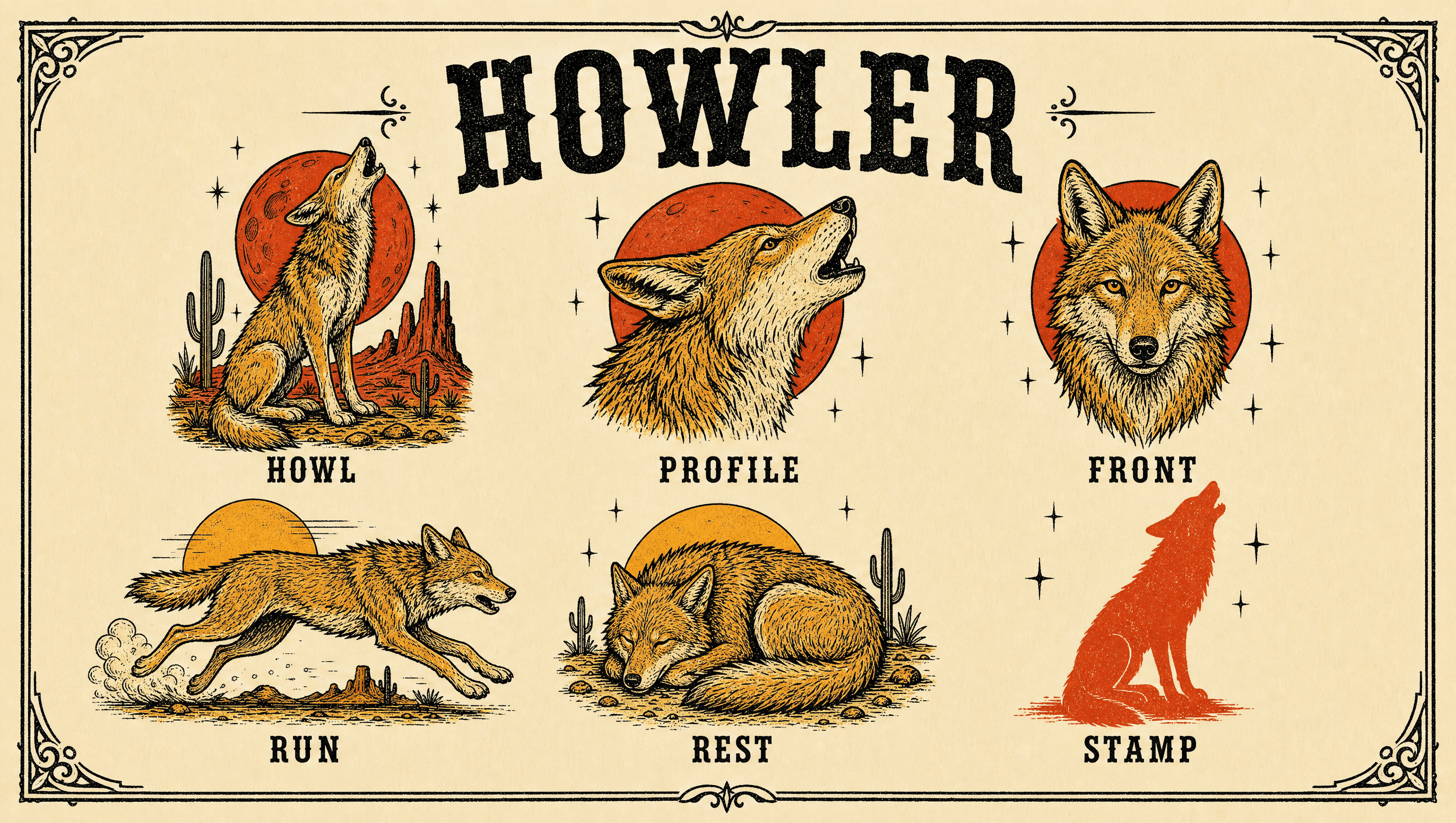Howler coyote character model sheet