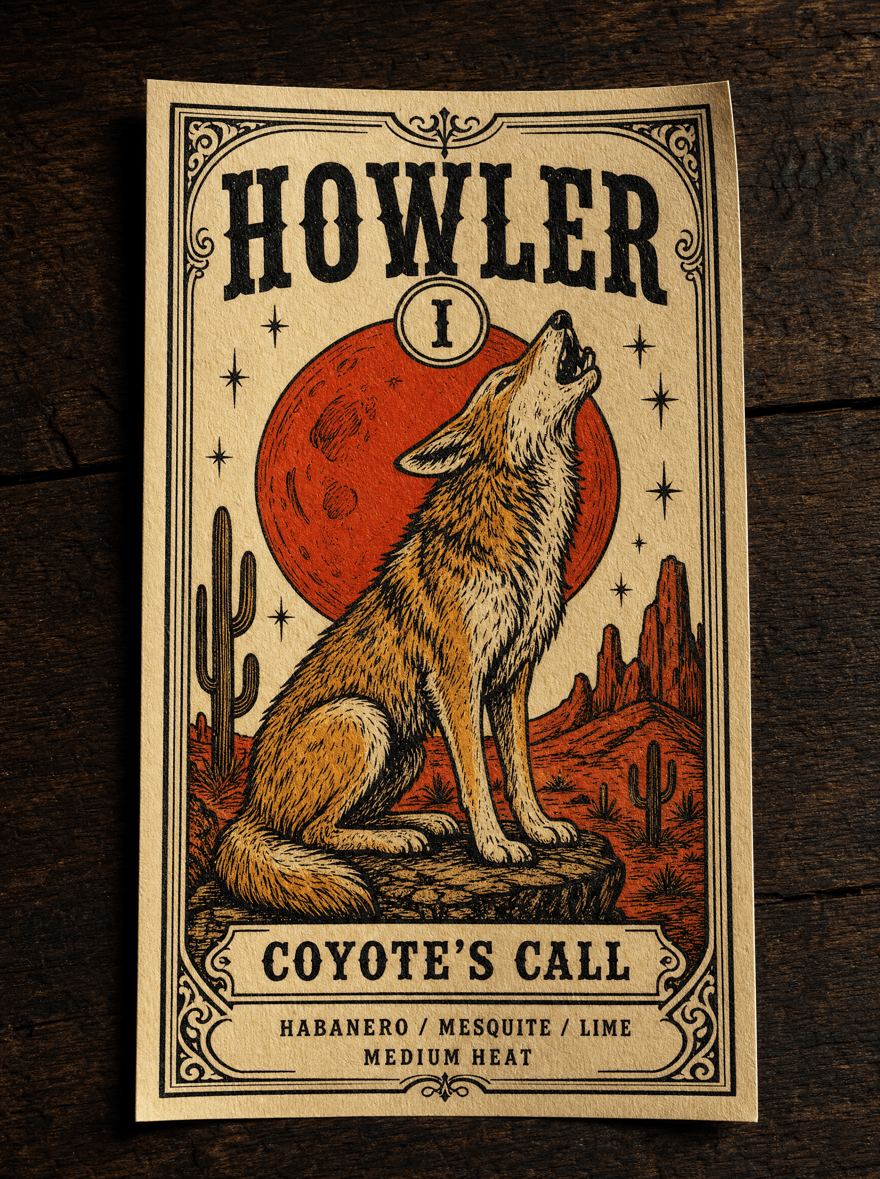 Howler label detail, engraved coyote illustration