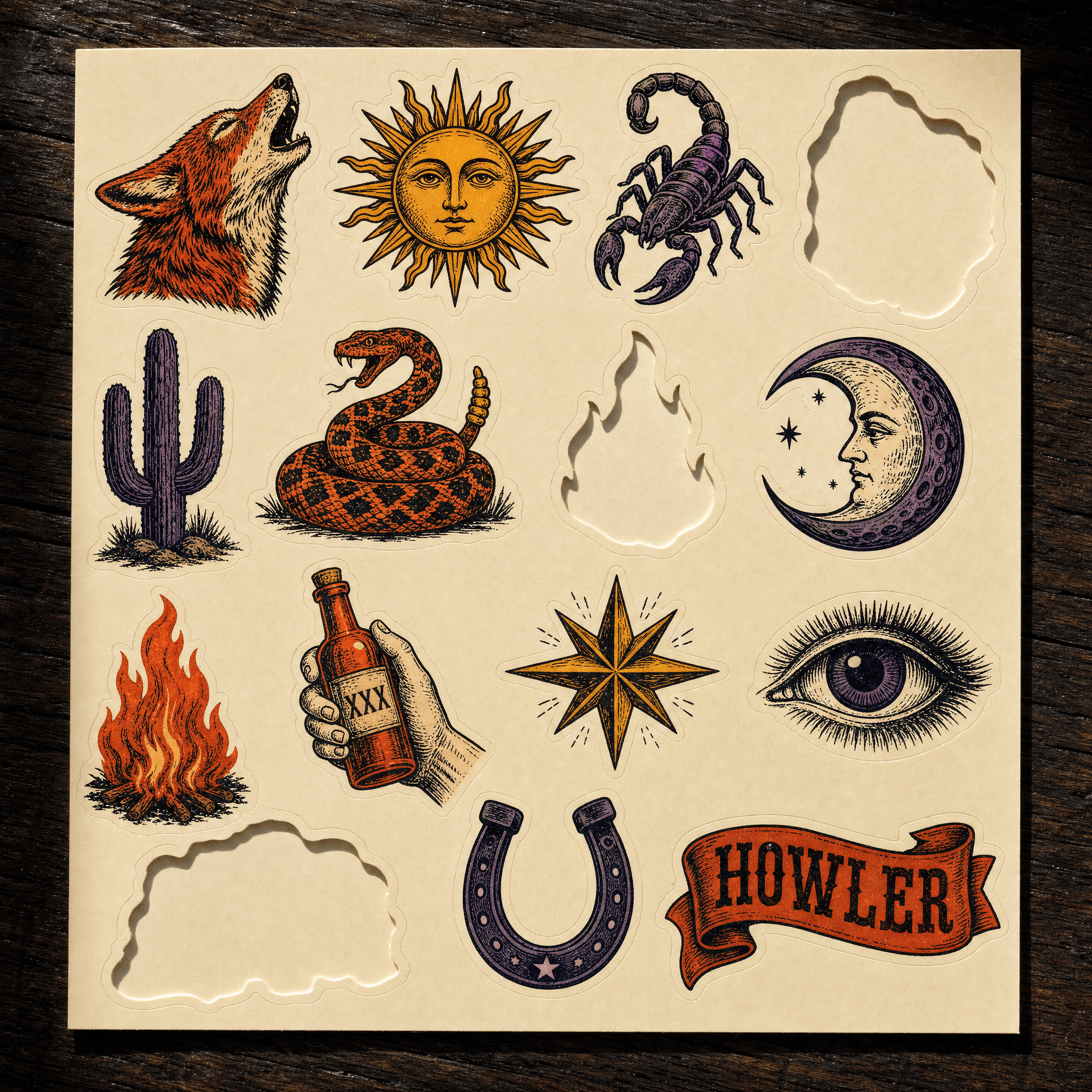 Howler sticker sheet with desert iconography