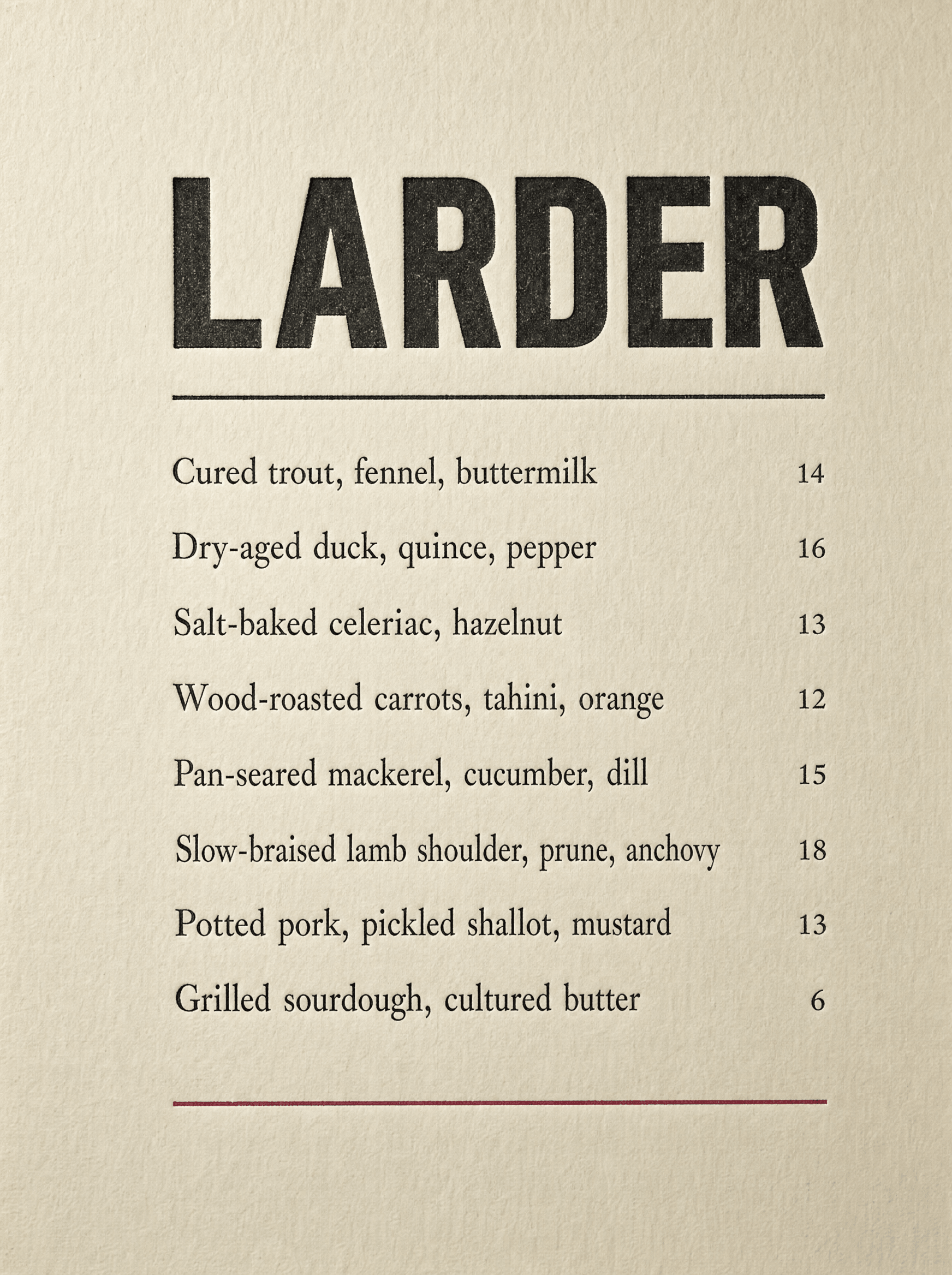 Larder menu, letterpress printed