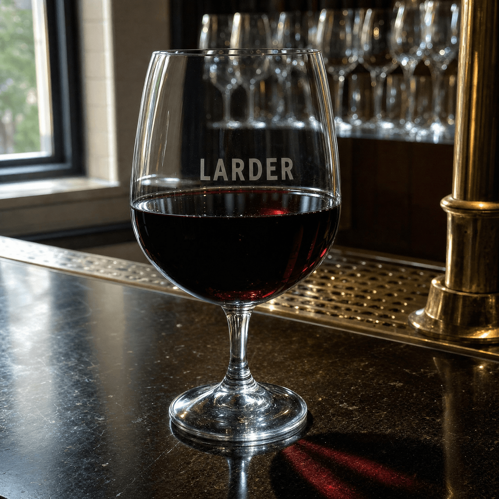 Larder wordmark acid-etched into a wine glass
