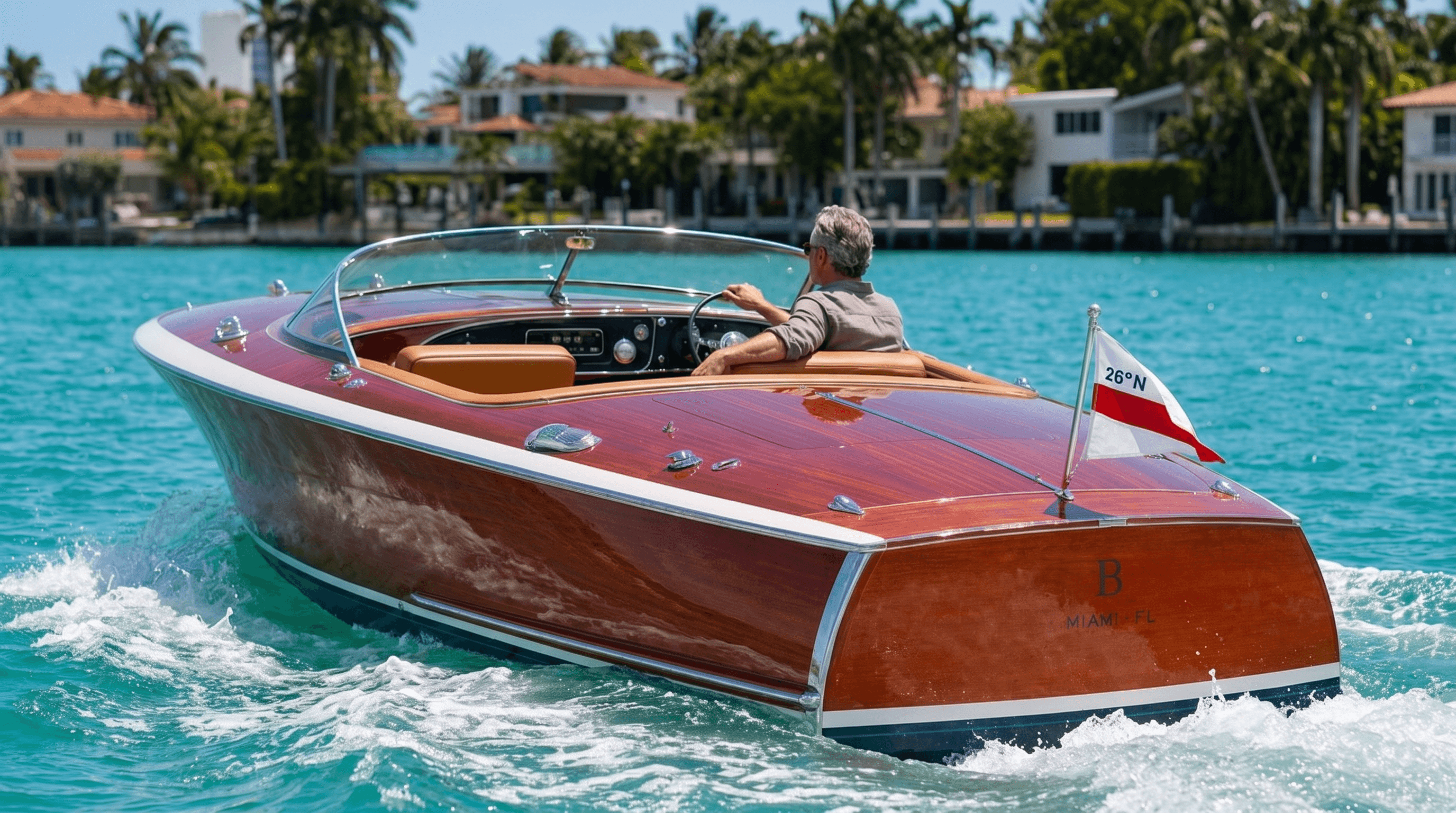 A member at the helm of a 26 North mahogany runabout underway on Biscayne Bay, one hand on the wheel, the club burgee flying