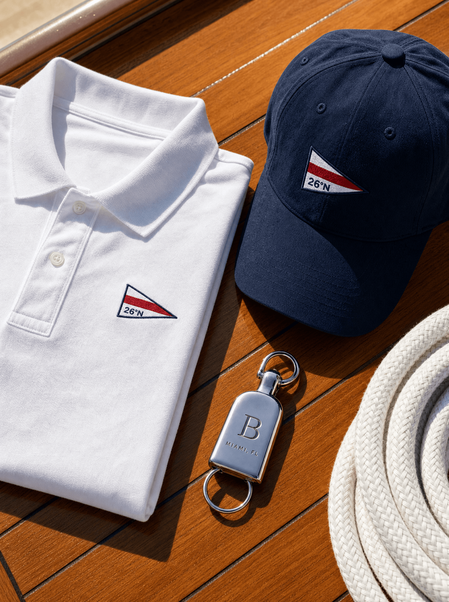 26 North crew kit and vessel key fob on teak