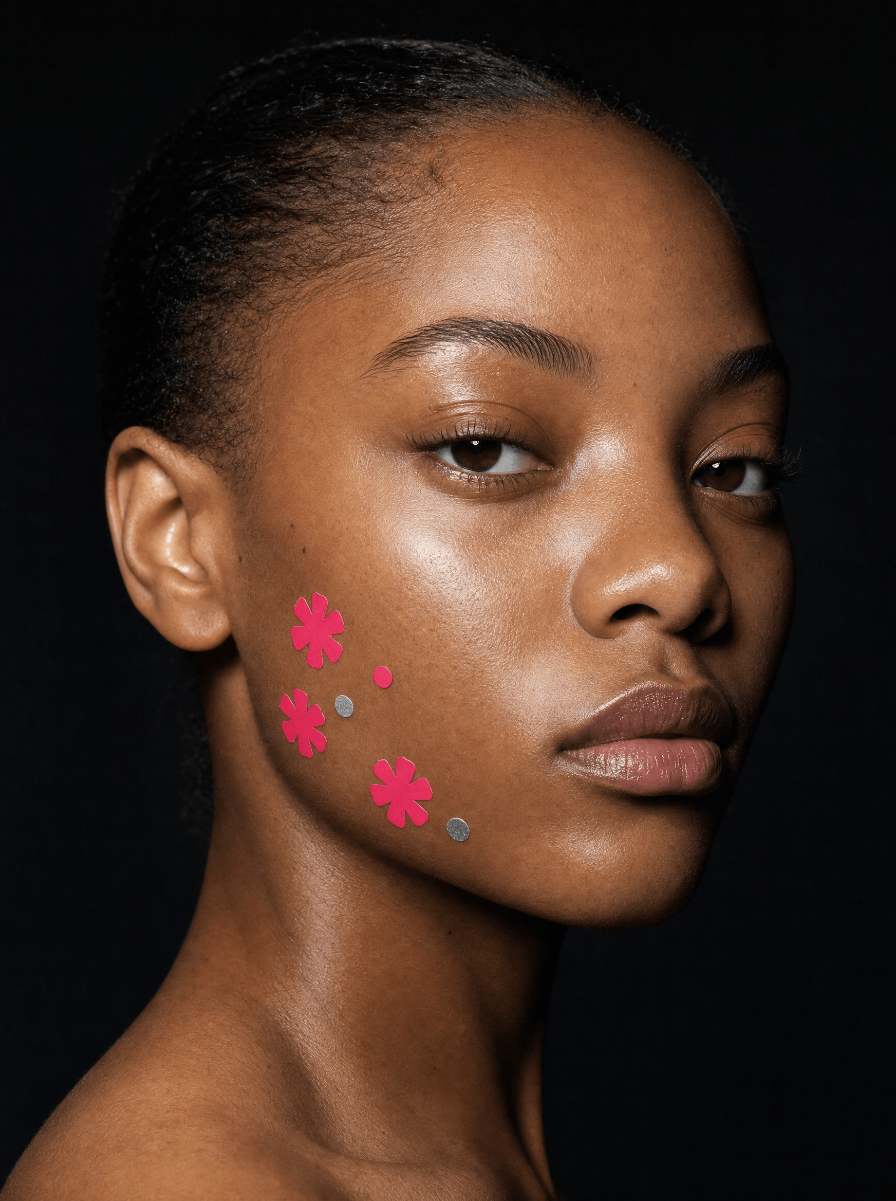 Model wearing Notice patches openly as decoration, direct gaze