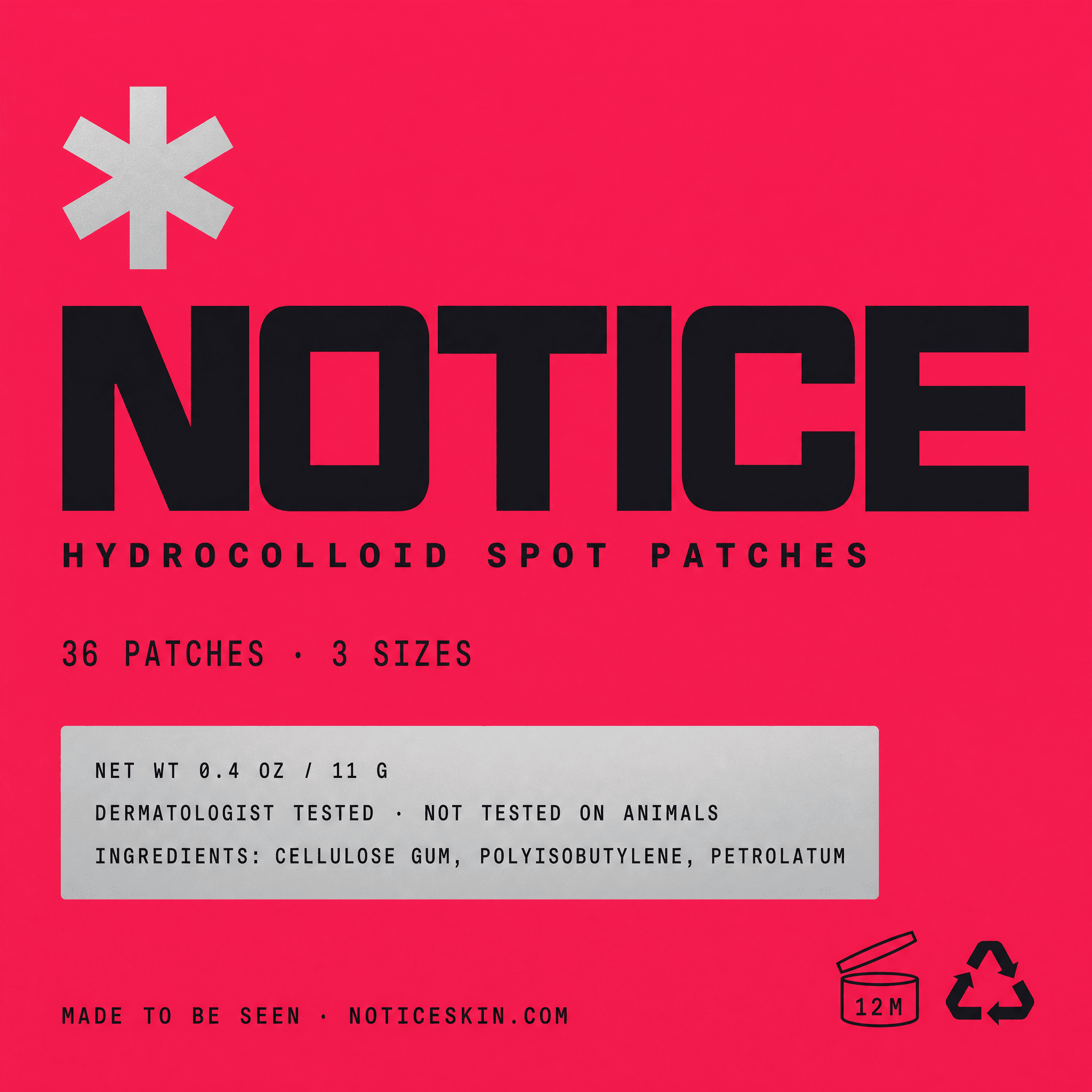 Notice sachet packaging with full legal copy on the front