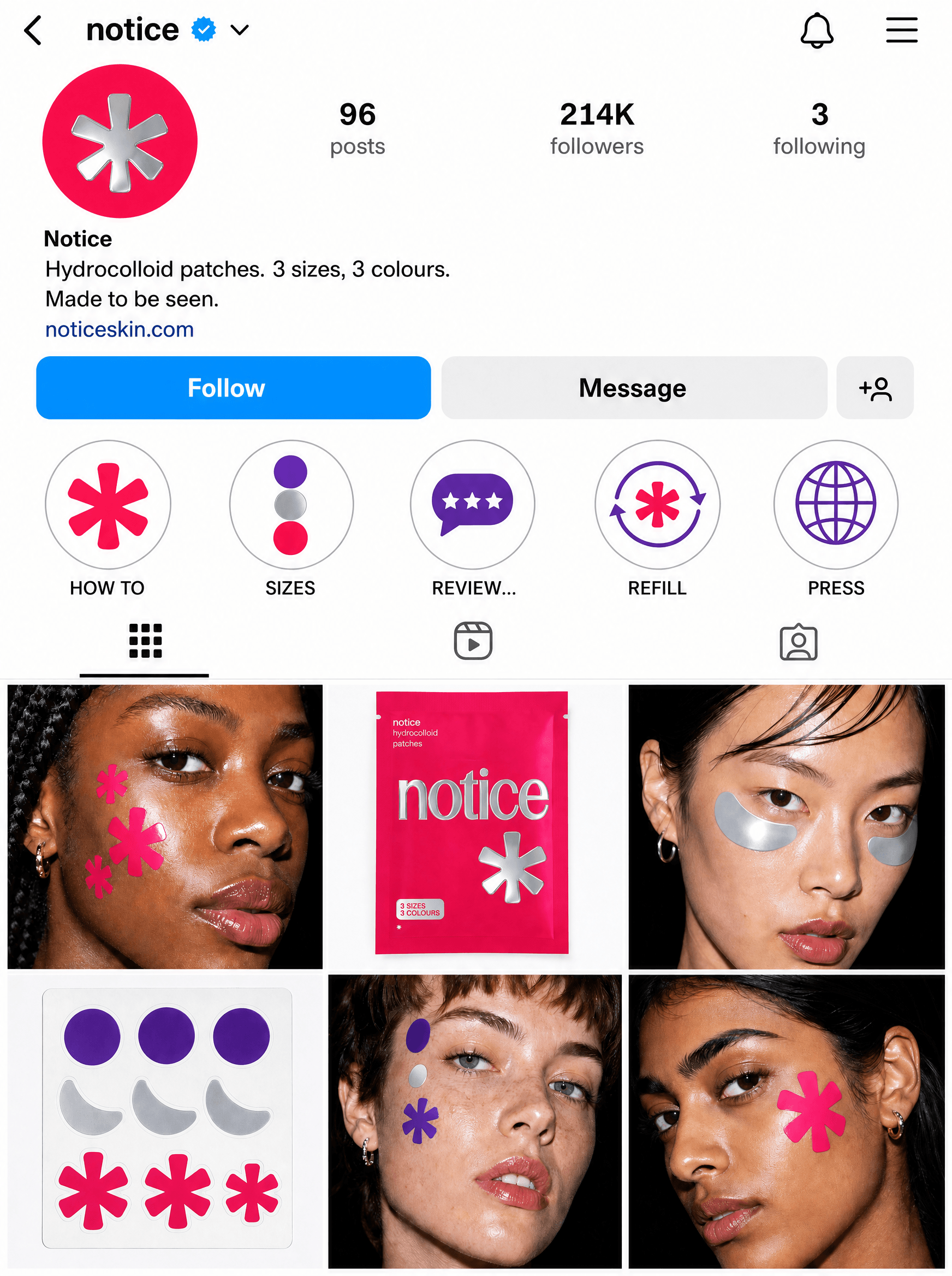 Notice social profile showing bio, highlights and first six posts