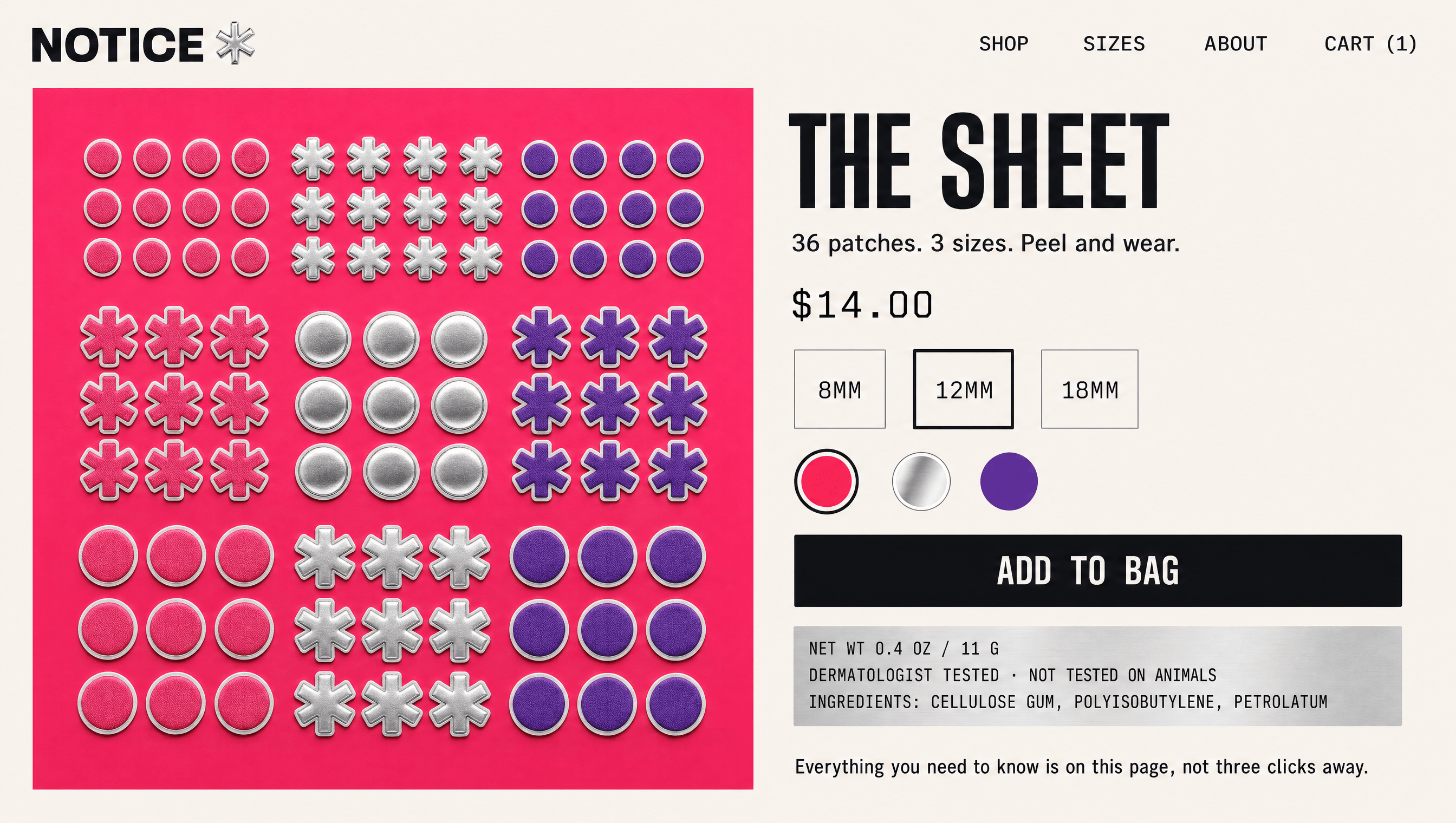 Notice product page showing sizes, colours and full ingredient panel
