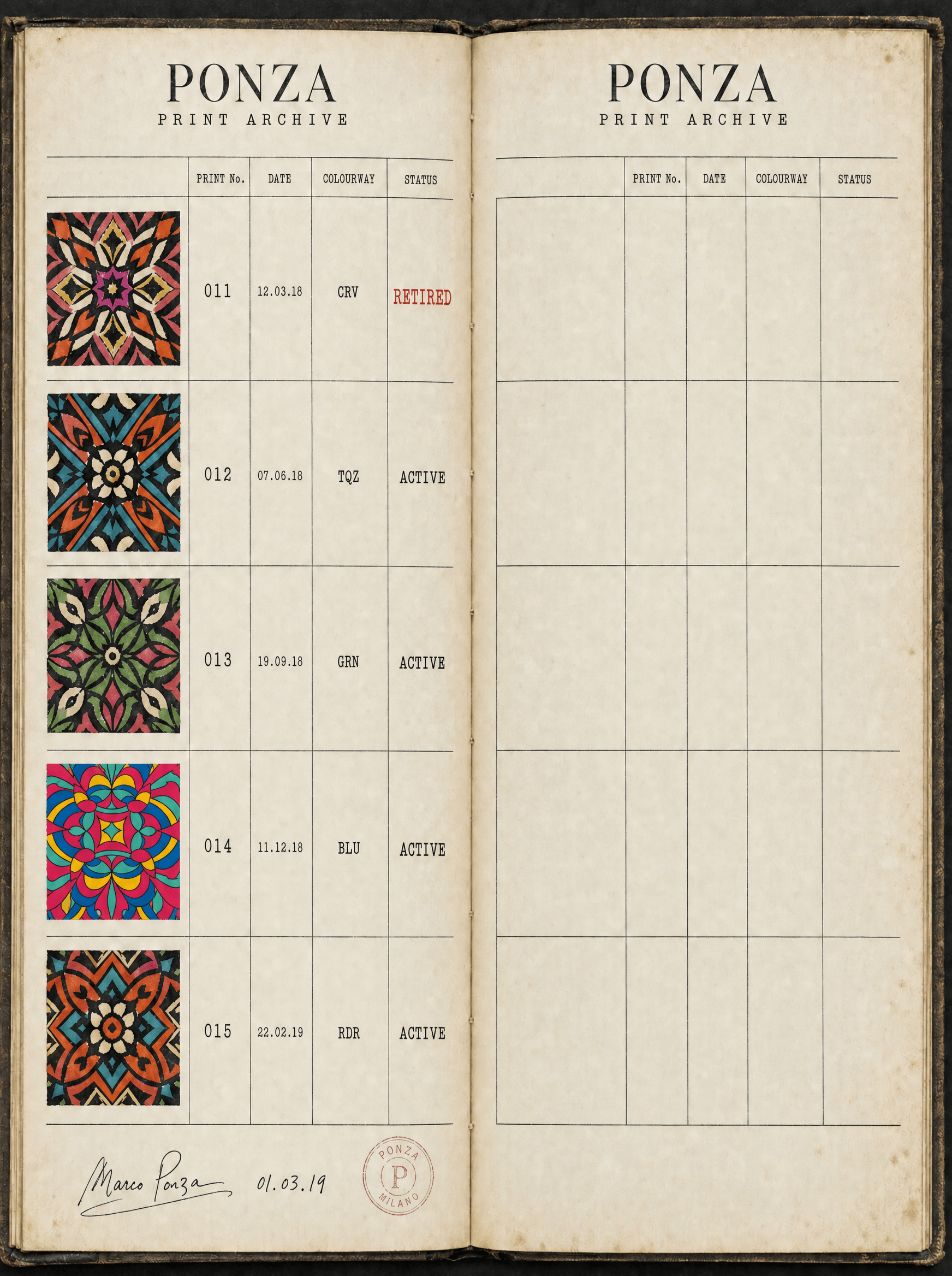 Ponza archive ledger spread showing numbered prints, dates and colourway codes