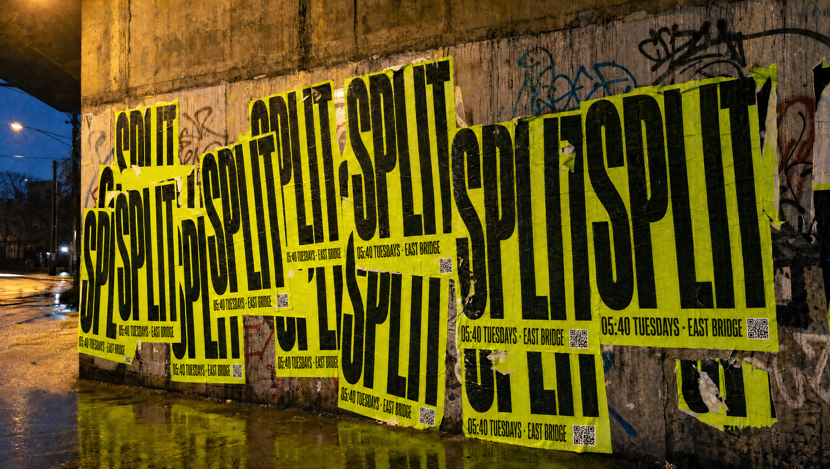 Split posters wheatpasted across a concrete underpass, each carrying the meeting point and a small QR code