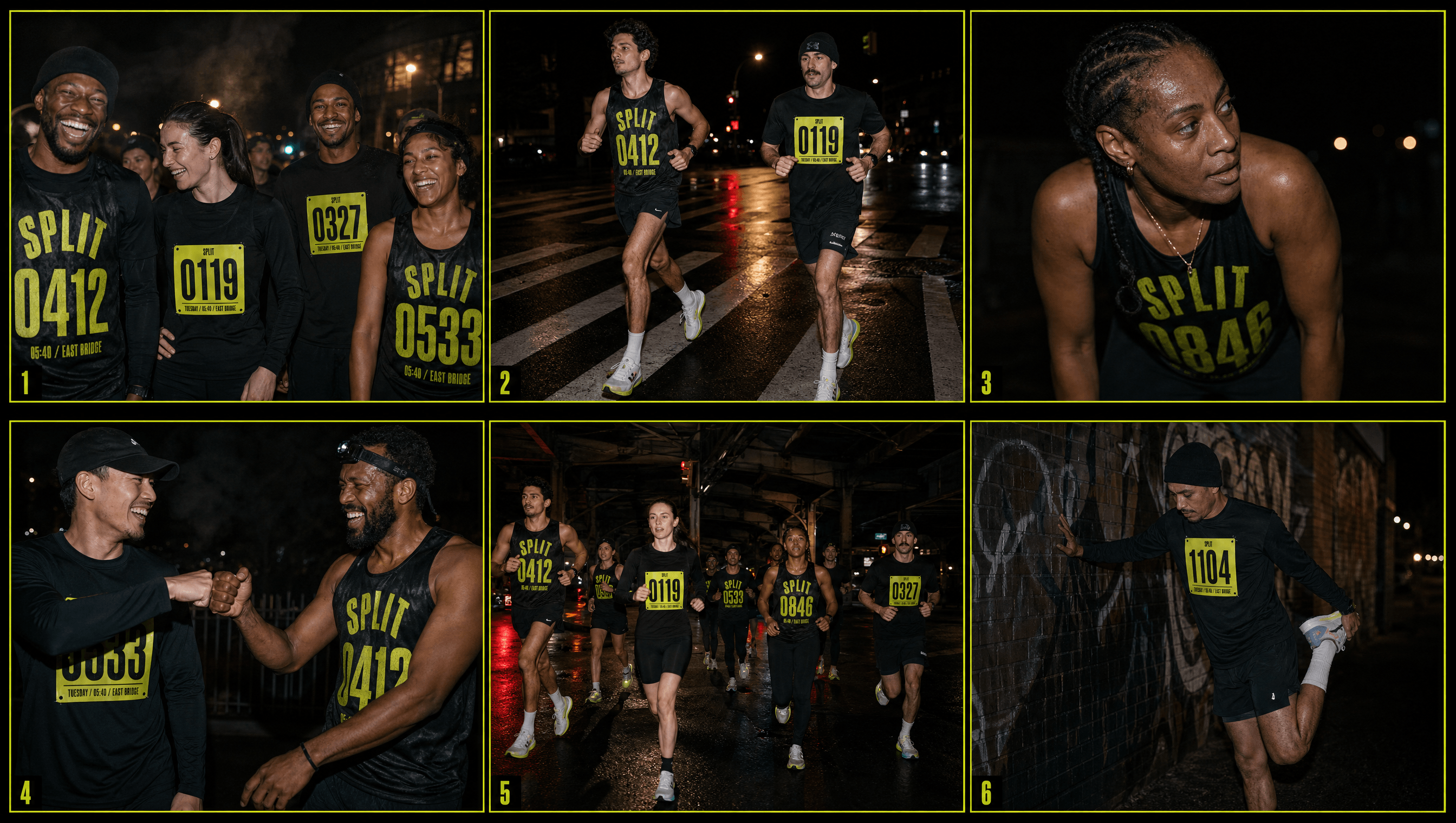 Split photography contact sheet, runners in pinned bibs and printed singlets on wet city streets at night