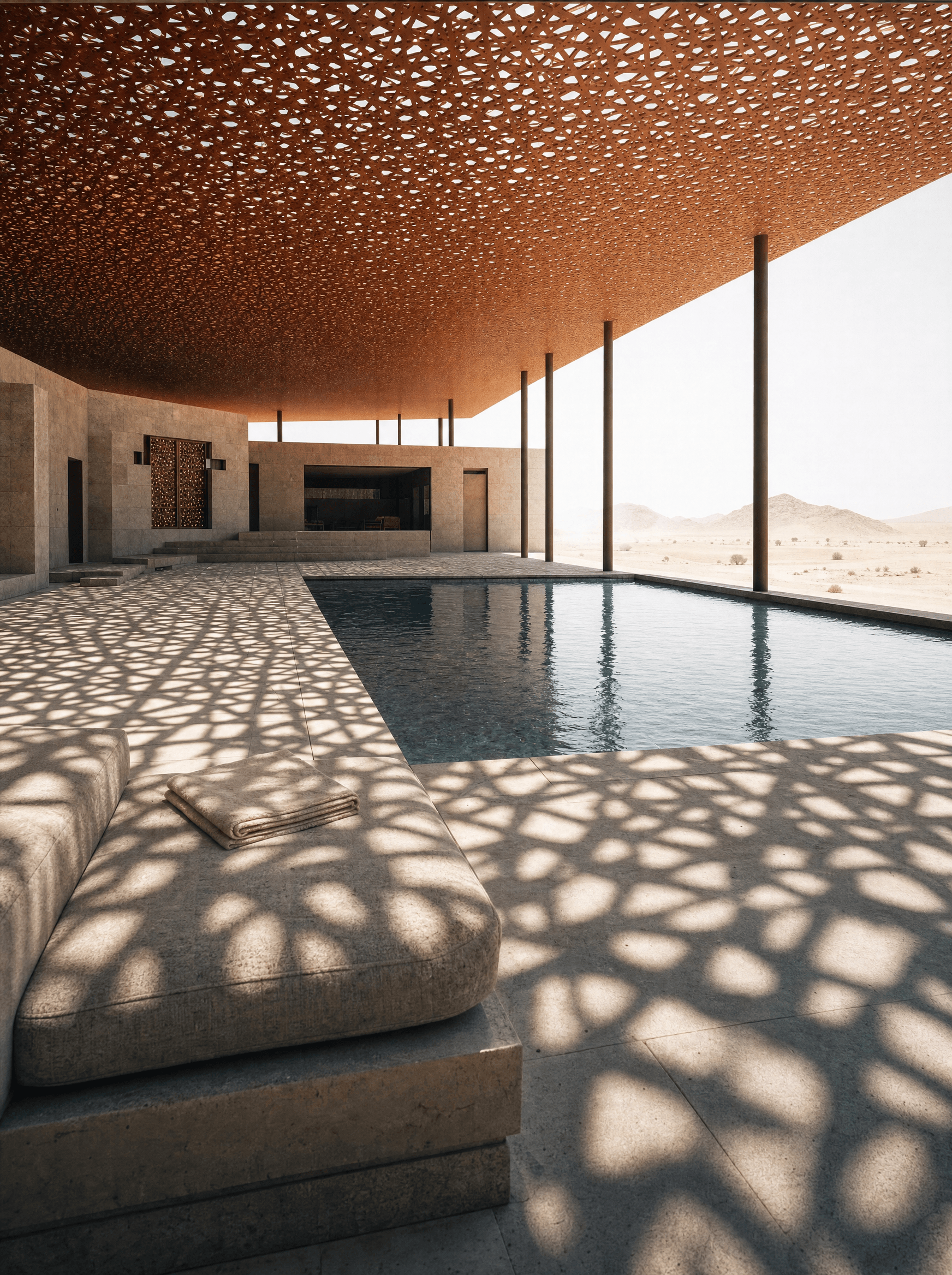 The perforated copper canopy at Umbra throwing a dense shadow pattern across the courtyard and pool, open desert beyond