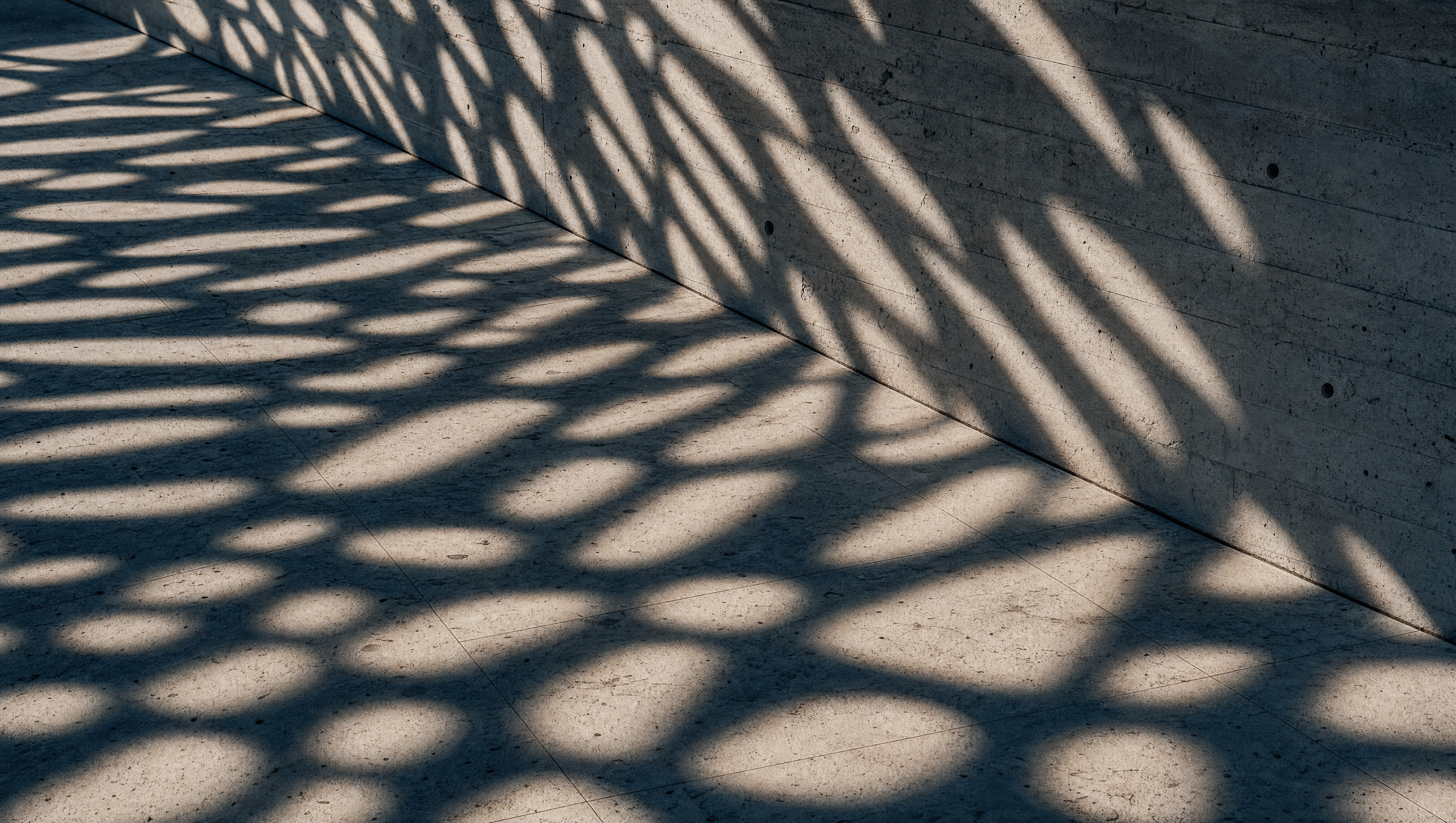 The Umbra canopy shadow pattern falling across stone paving and the pool