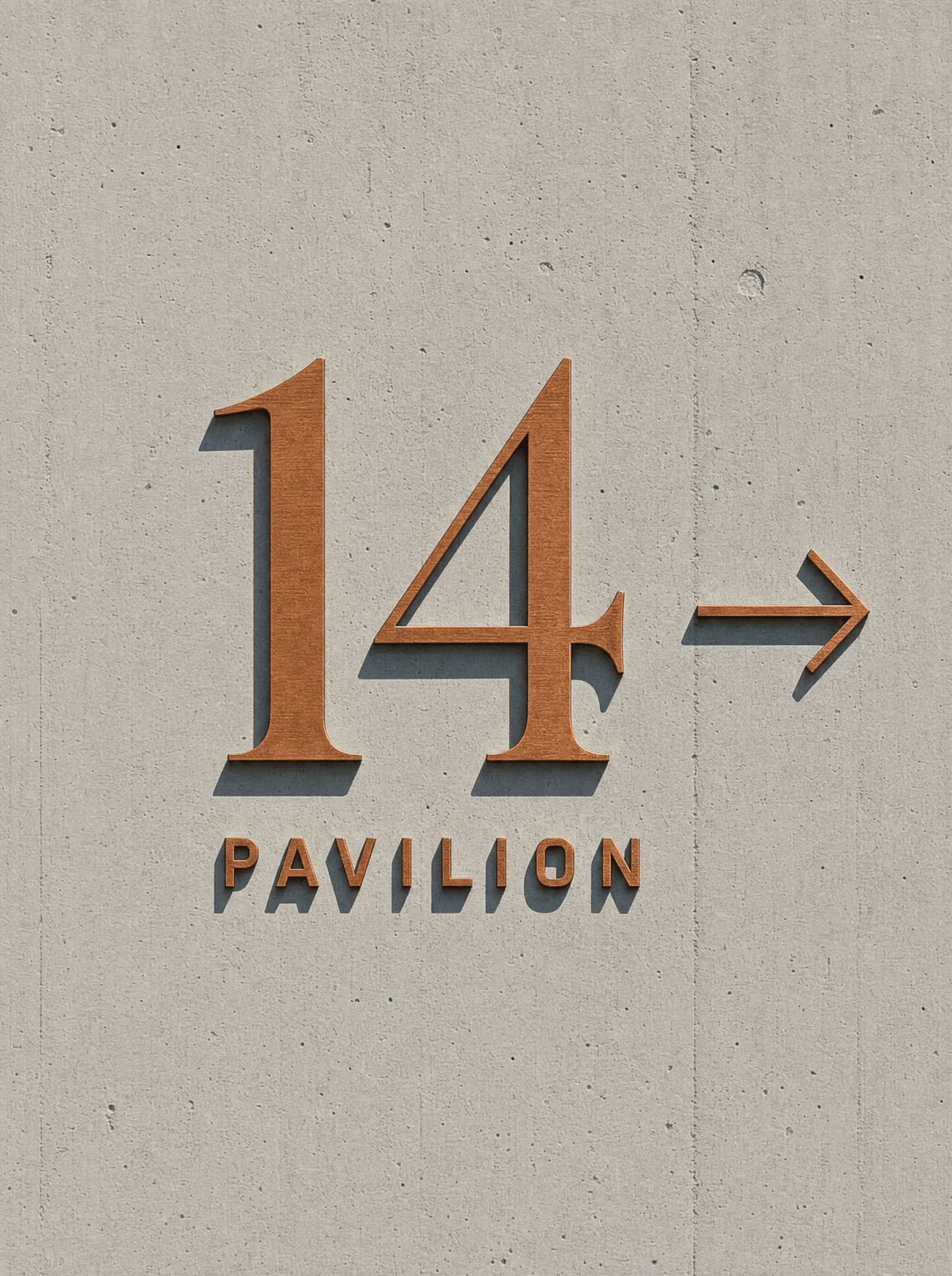 Copper numerals cut into a concrete wall marking Pavilion 14