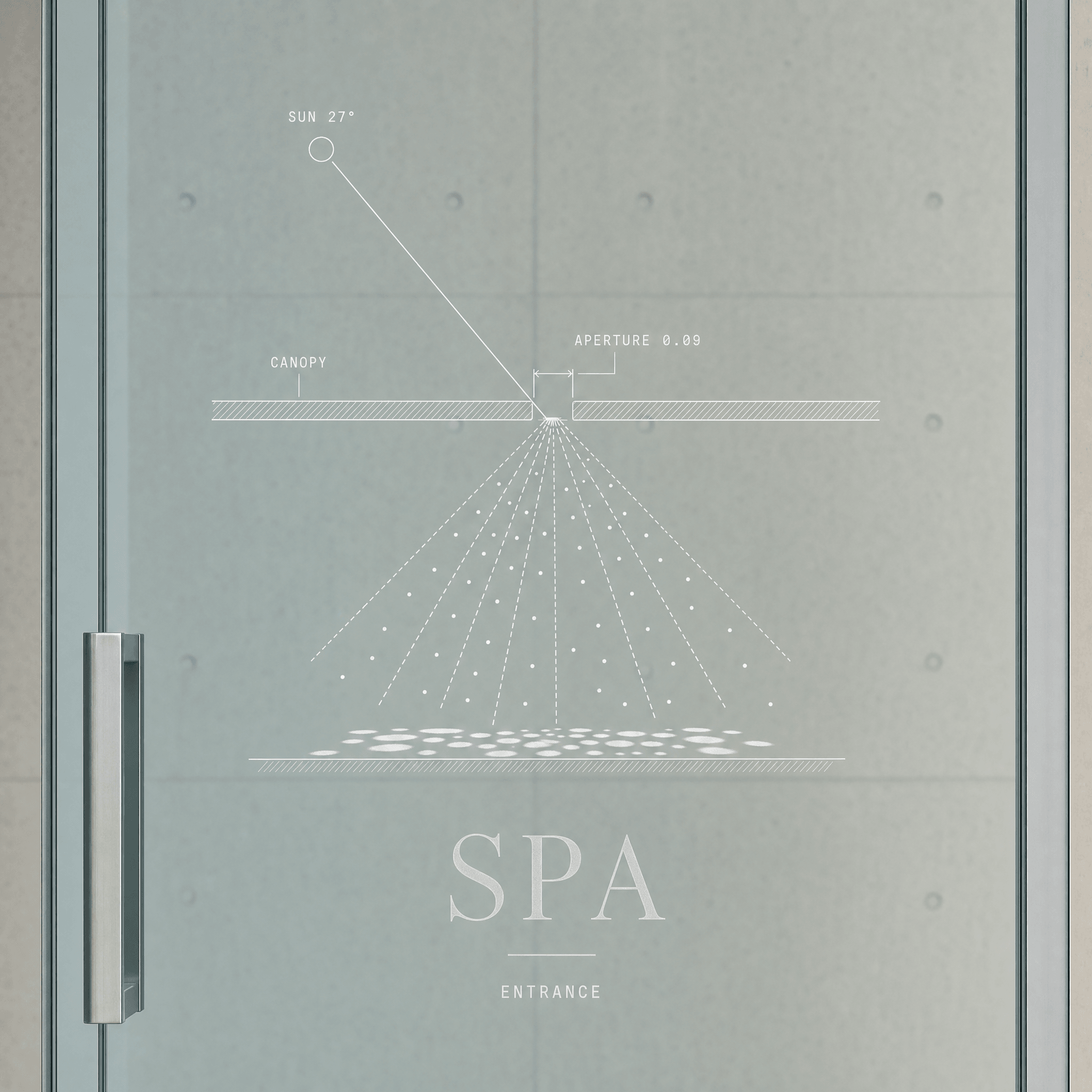 Etched glass panel showing a technical line diagram of sunlight broken up by the perforated canopy