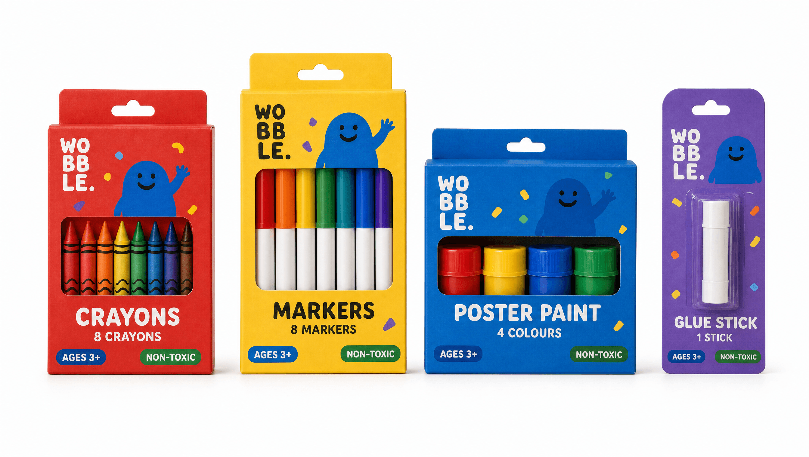 The Wobble range of children's art supply packaging, each pack sized to what is inside it