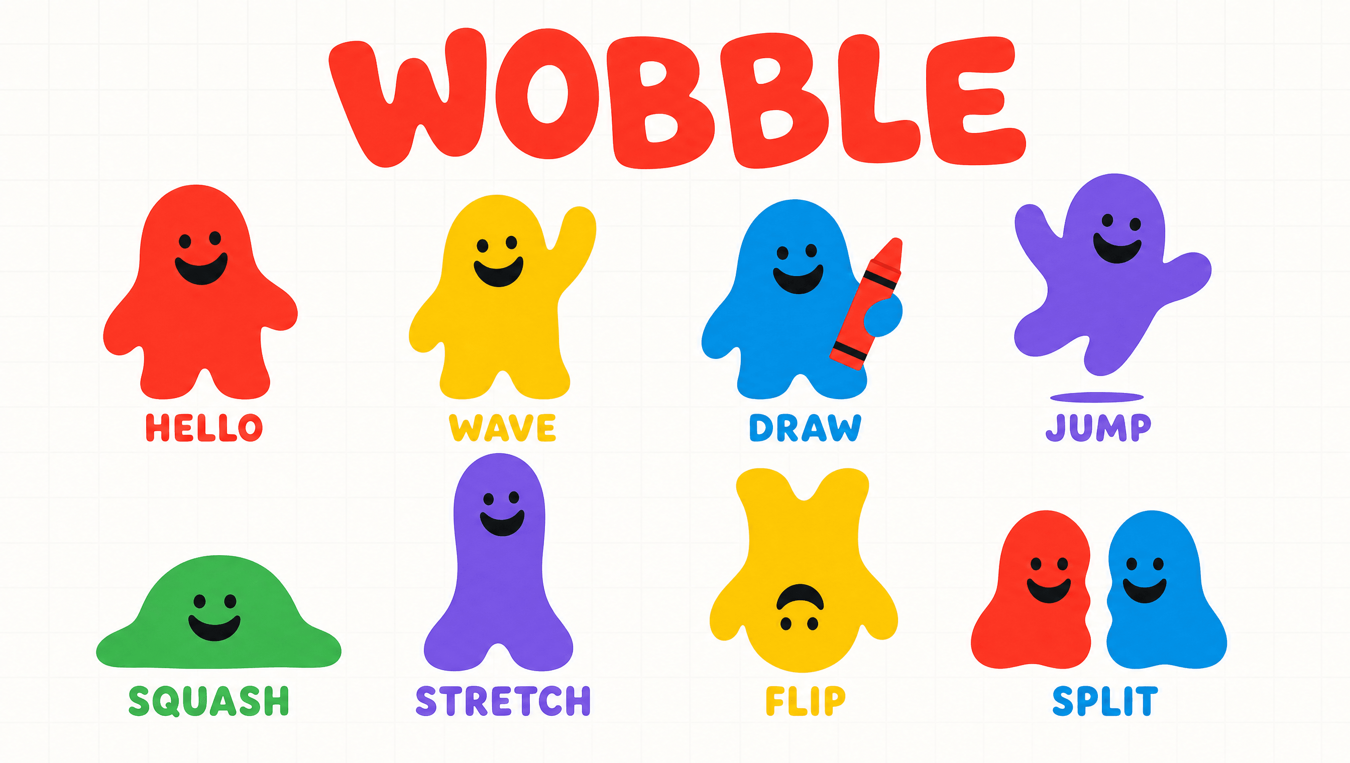 Wobble character model sheet showing eight poses