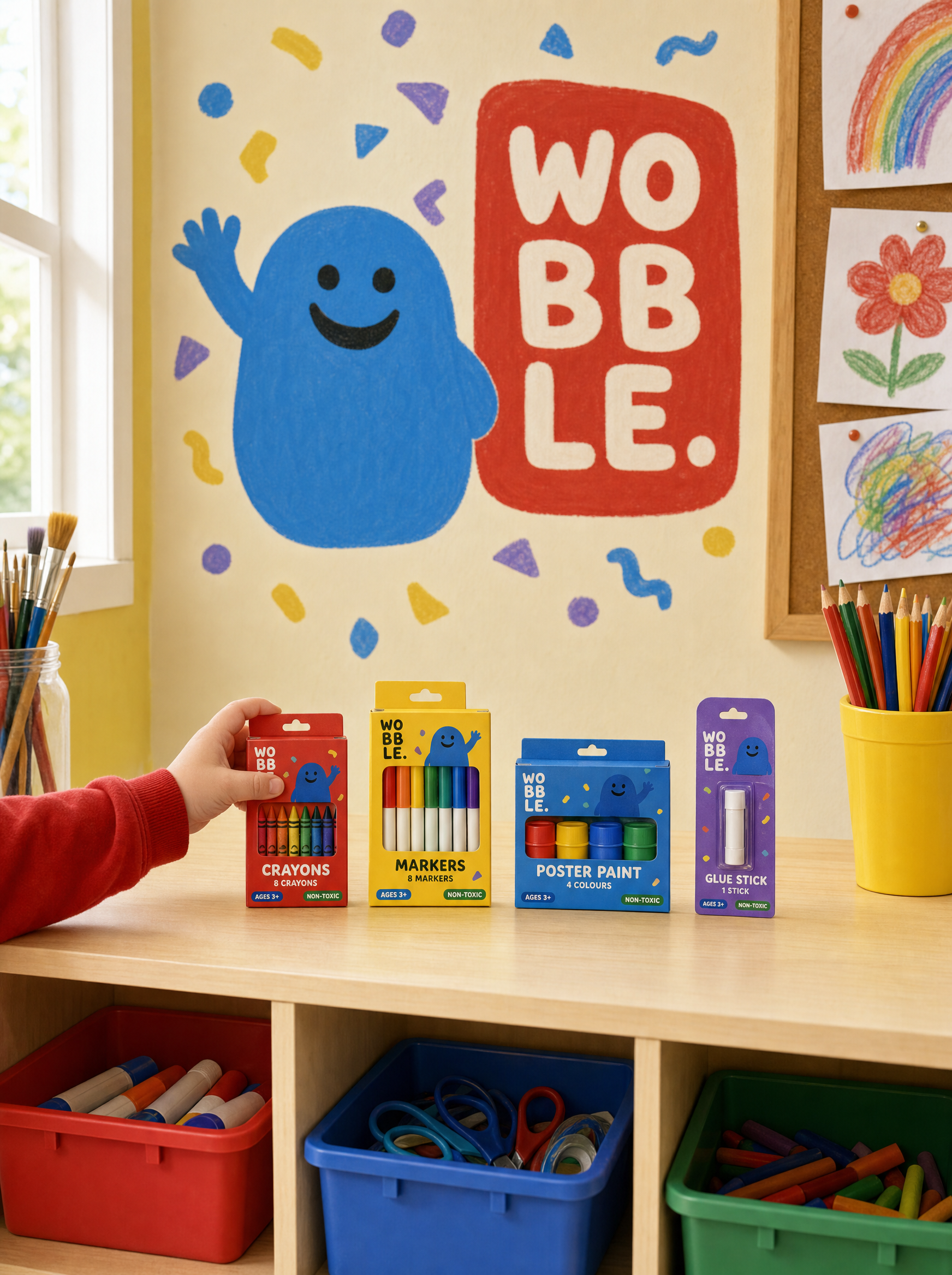 Wobble packs with age grade and count on a school art room shelf