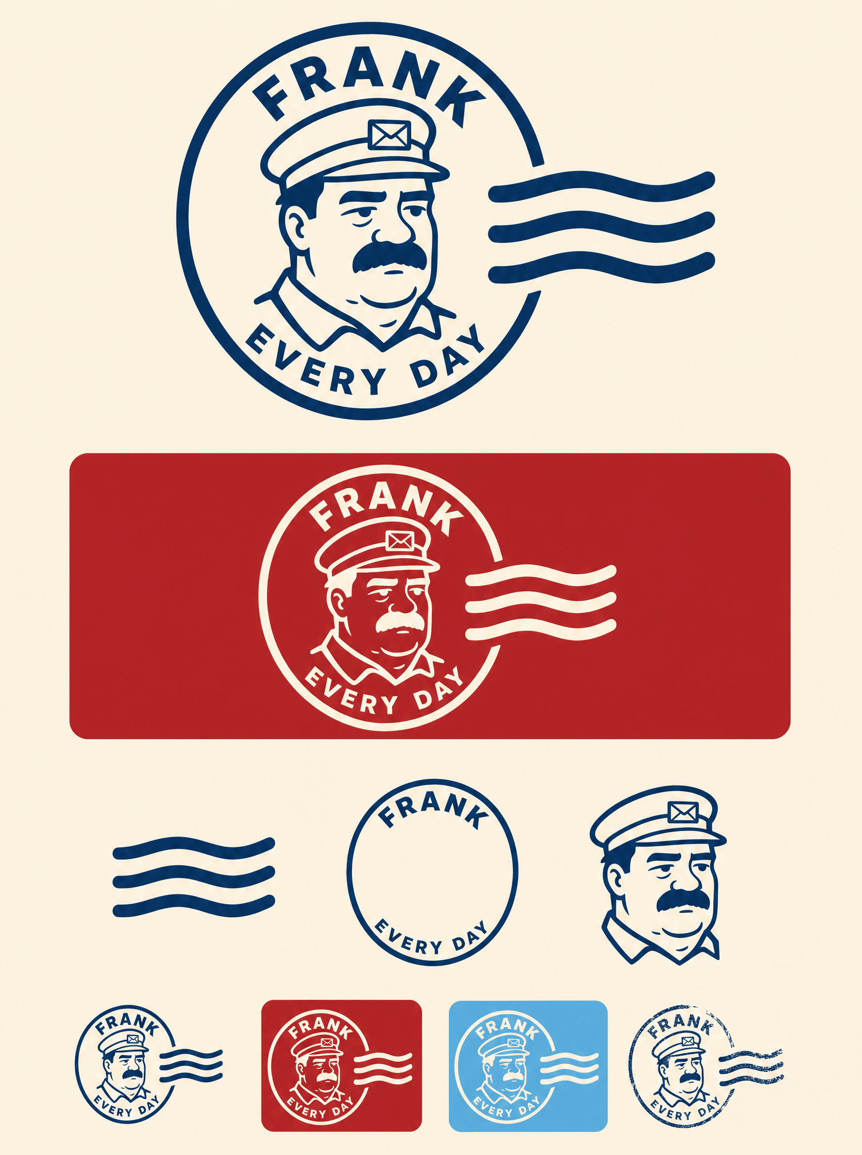 The FRANK postmark mark, FRANK on the top arc and EVERY DAY on the bottom, shown at four sizes