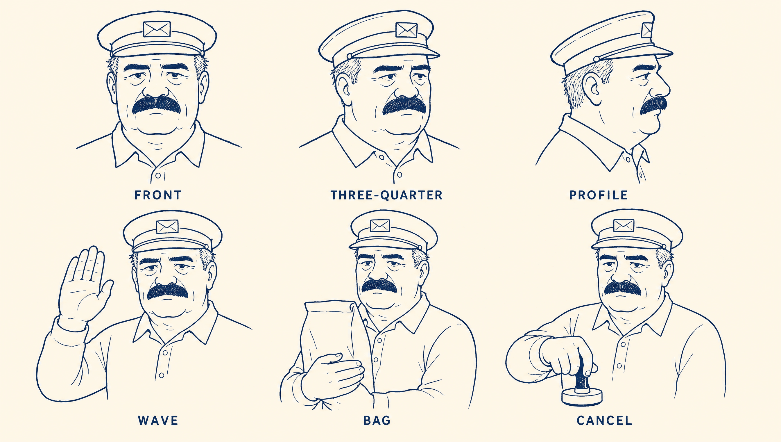 FRANK character model sheet, the clerk in six positions